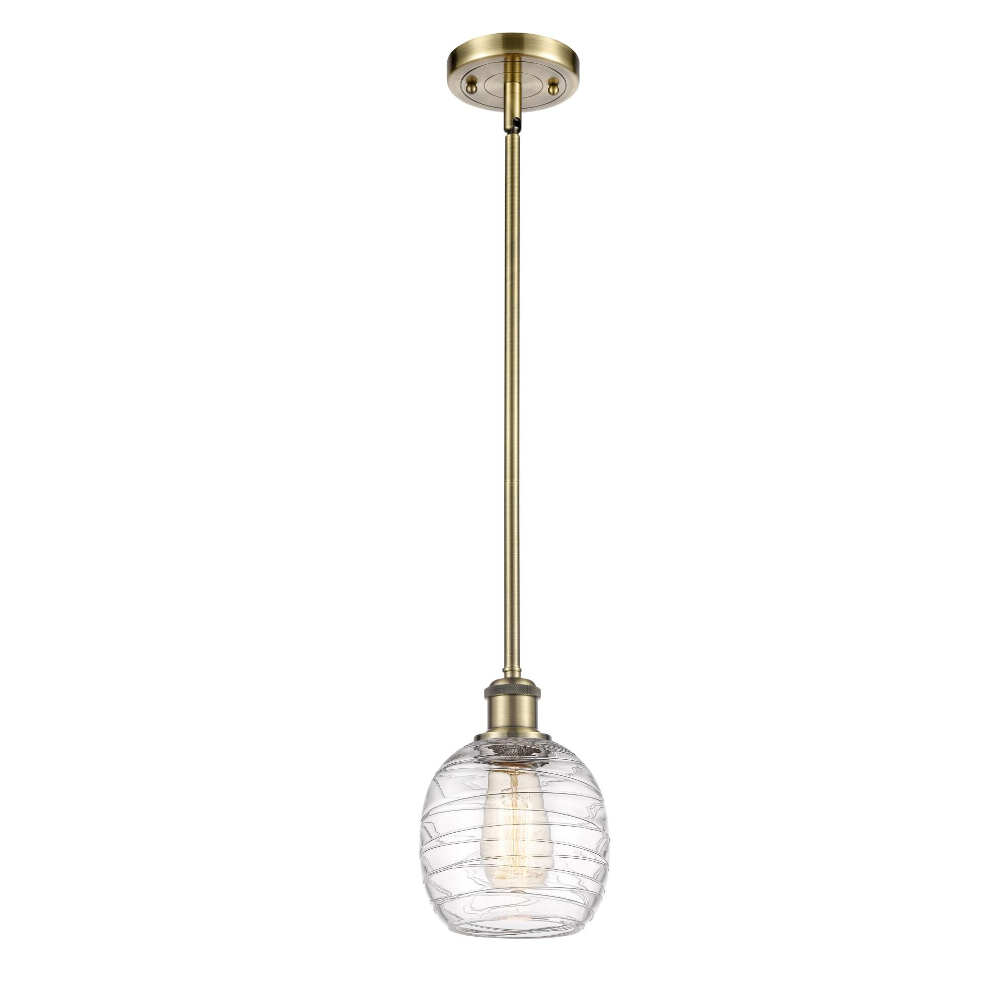 Shown in Antique Brass finish and Deco Swirl Belfast glass