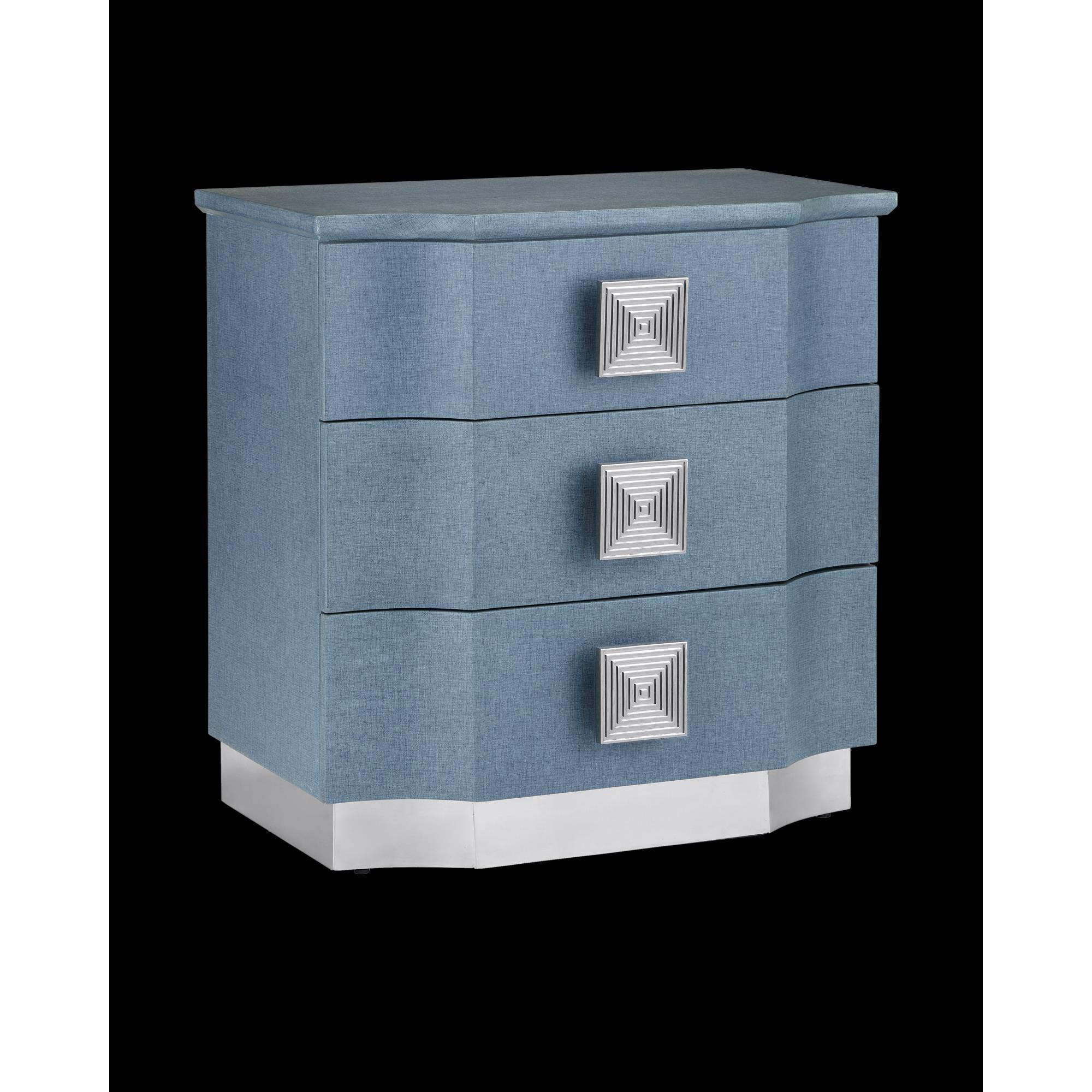 Shown in Lacquered Blue Linen, Washed Mahogany and Polished Stainless Steel finish