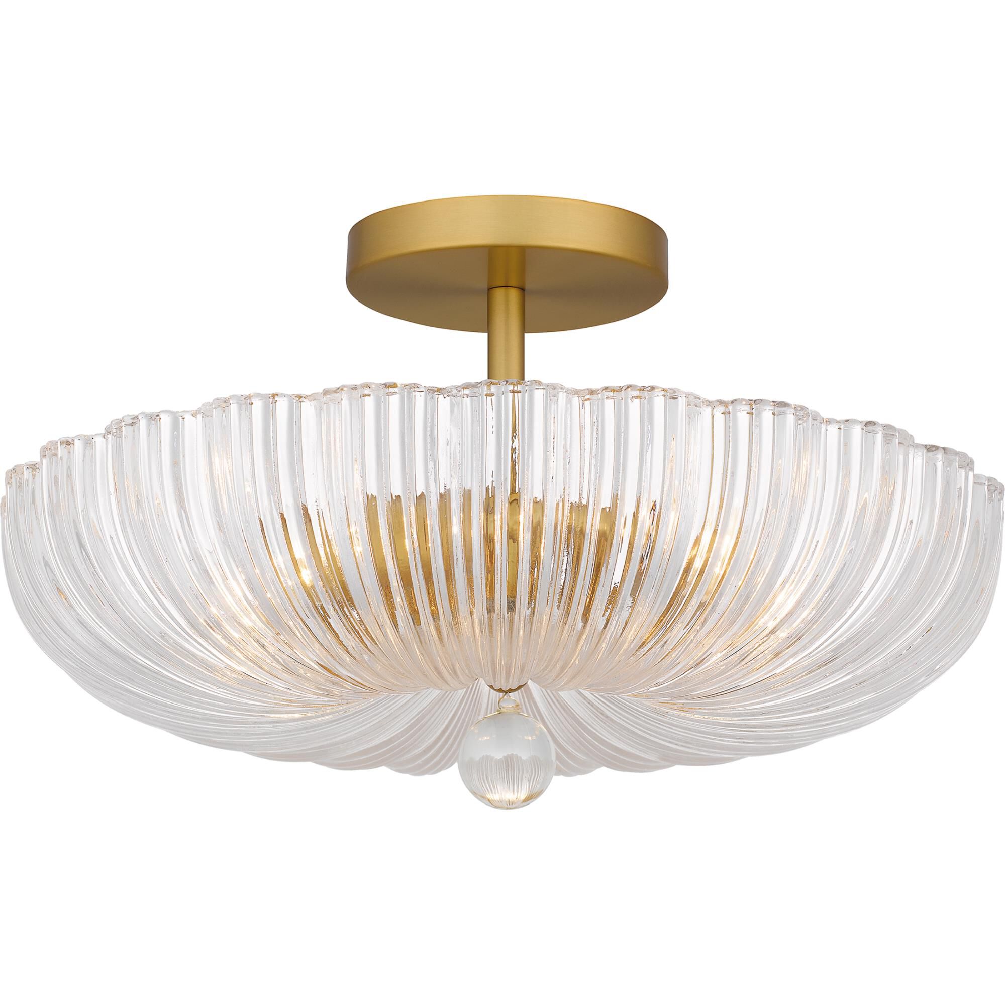 Shown in Brushed Gold finish and Clear Ribbed Glass shade