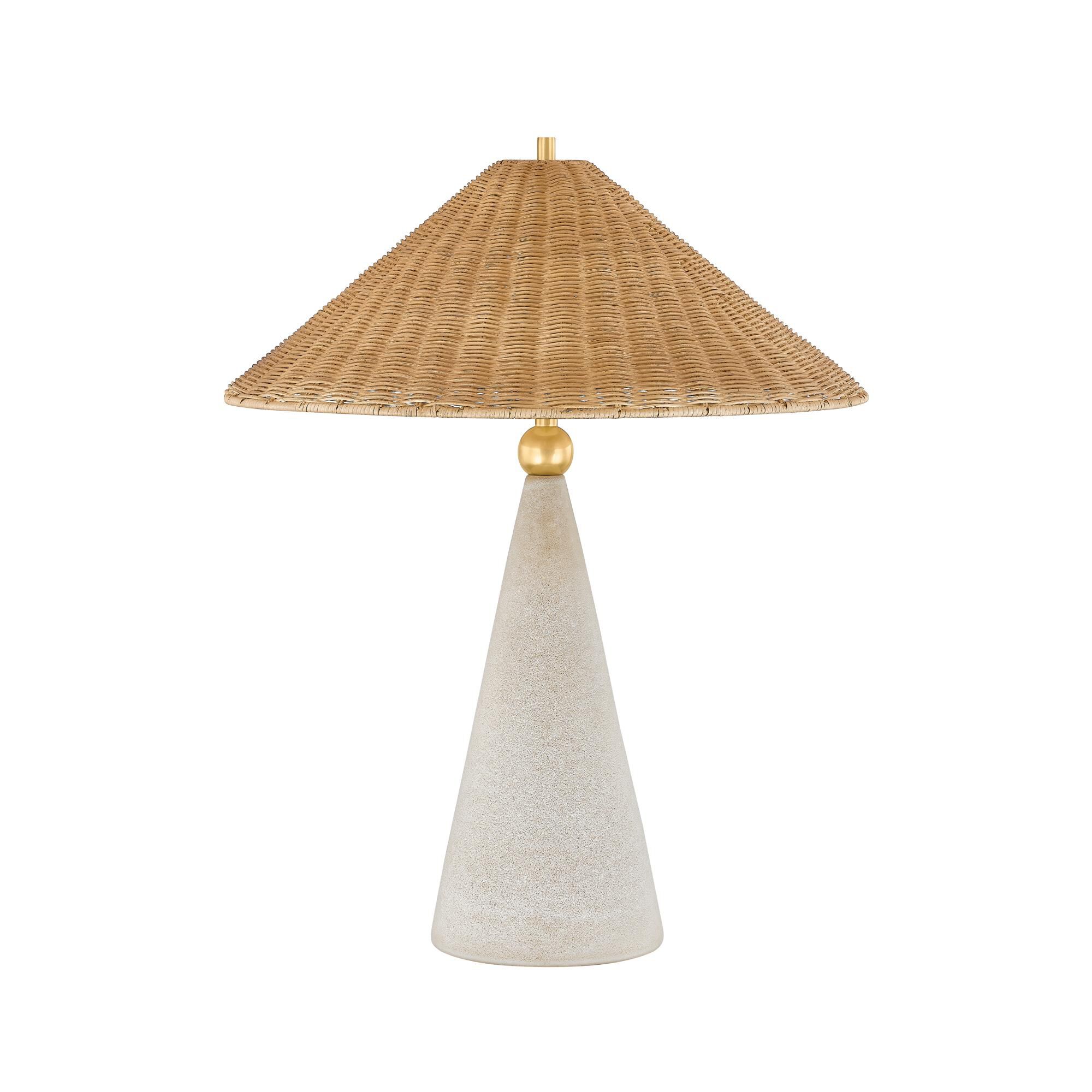 Shown in Aged Brass and Ceramic Windswept White finish and Natural Woven shade