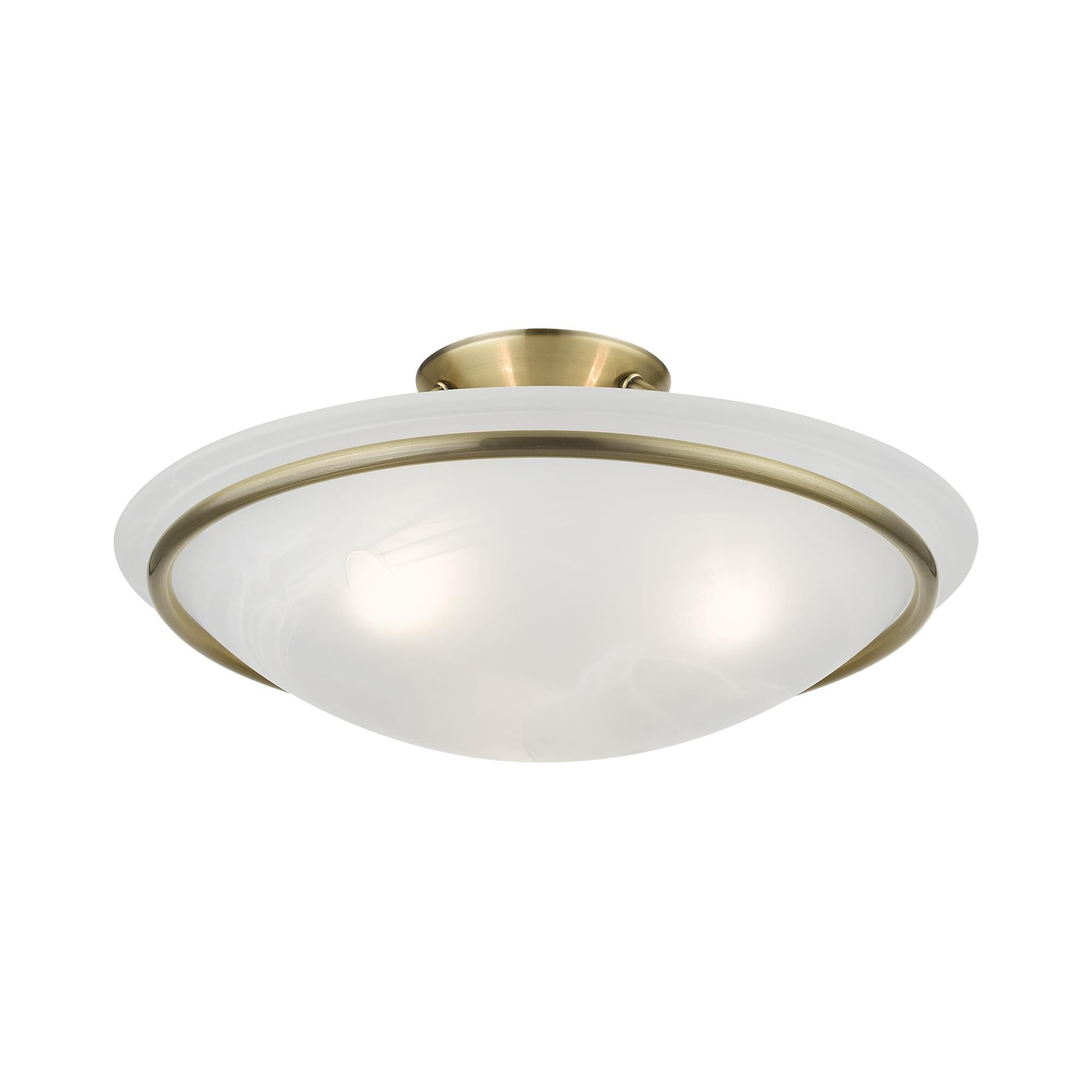 Shown in Antique Brass finish and White Alabaster glass and White Alabaster Glass shade