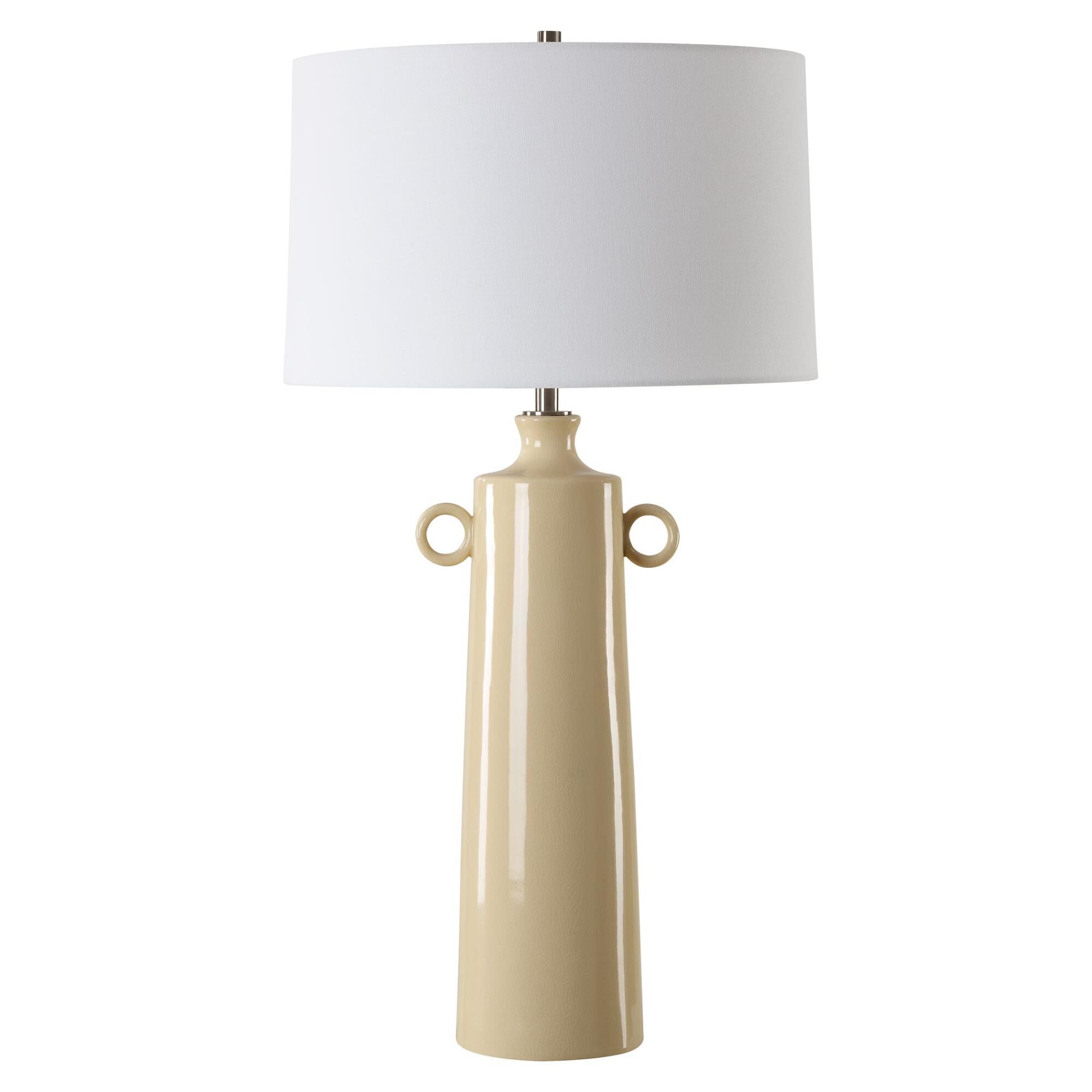 Shown in This Ceramic Lamp Boasts A Vase-Like Shaped Base In A Pale Yellow Crackled Glaze, Accented With Plat finish and Taper Drum Hardback shade