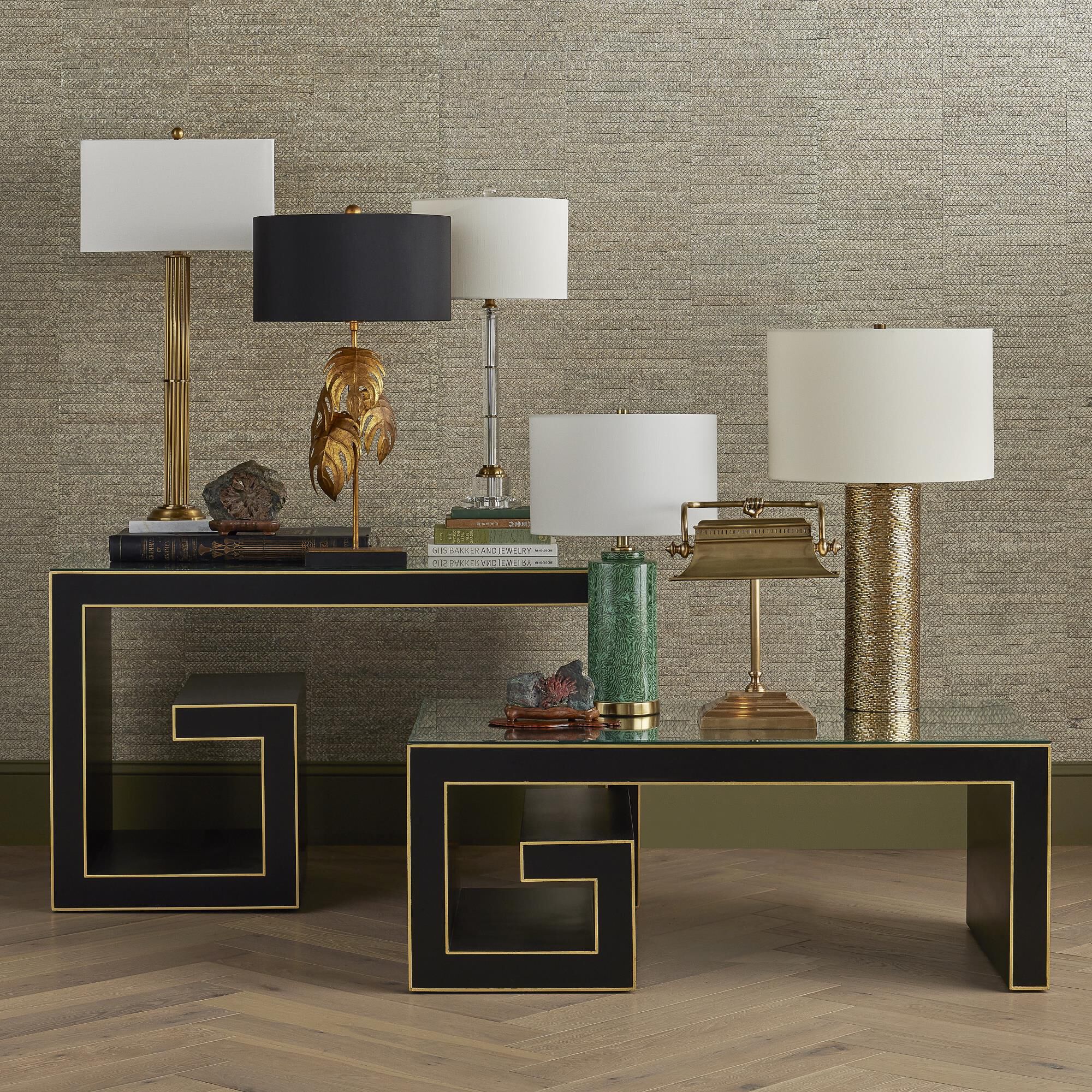 Shown in Antique Brass and White Marble finish and Bone Linen shade