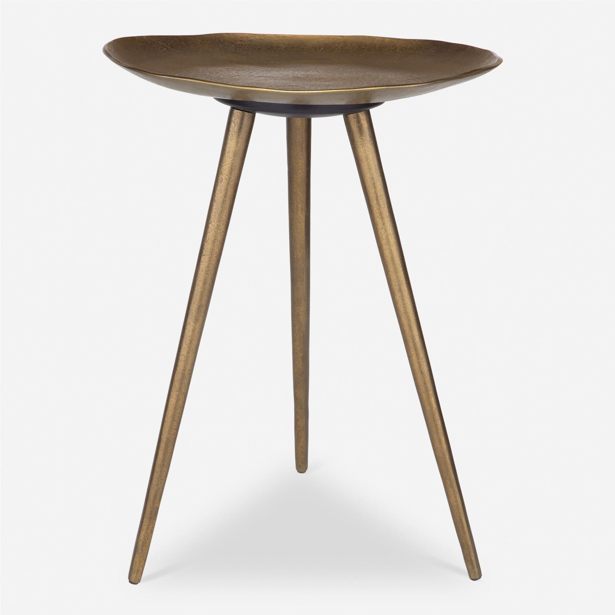 Shown in This Unique Accent Table Is Made From Cast Aluminum In An Antique Brass Finish. The Three Slender Le finish