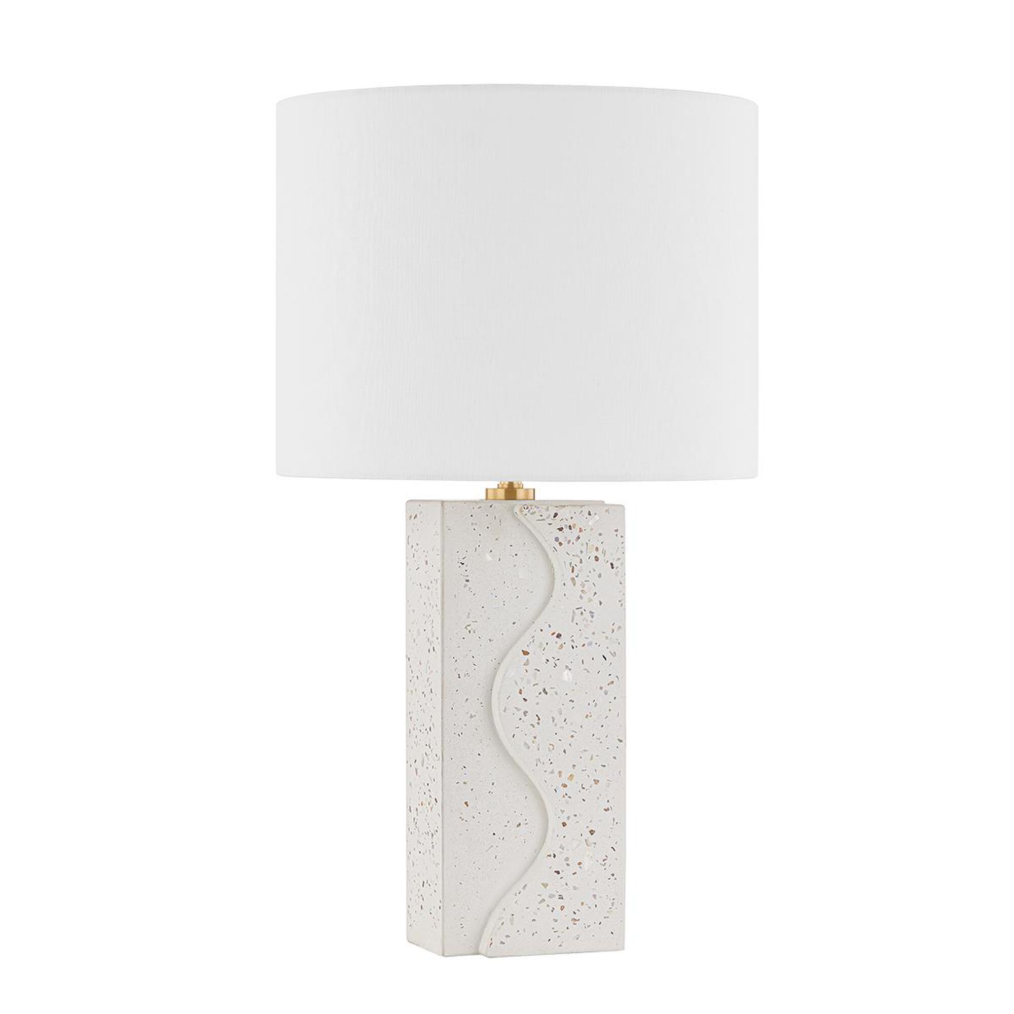 Shown in Aged Brass finish and Off White Linen shade