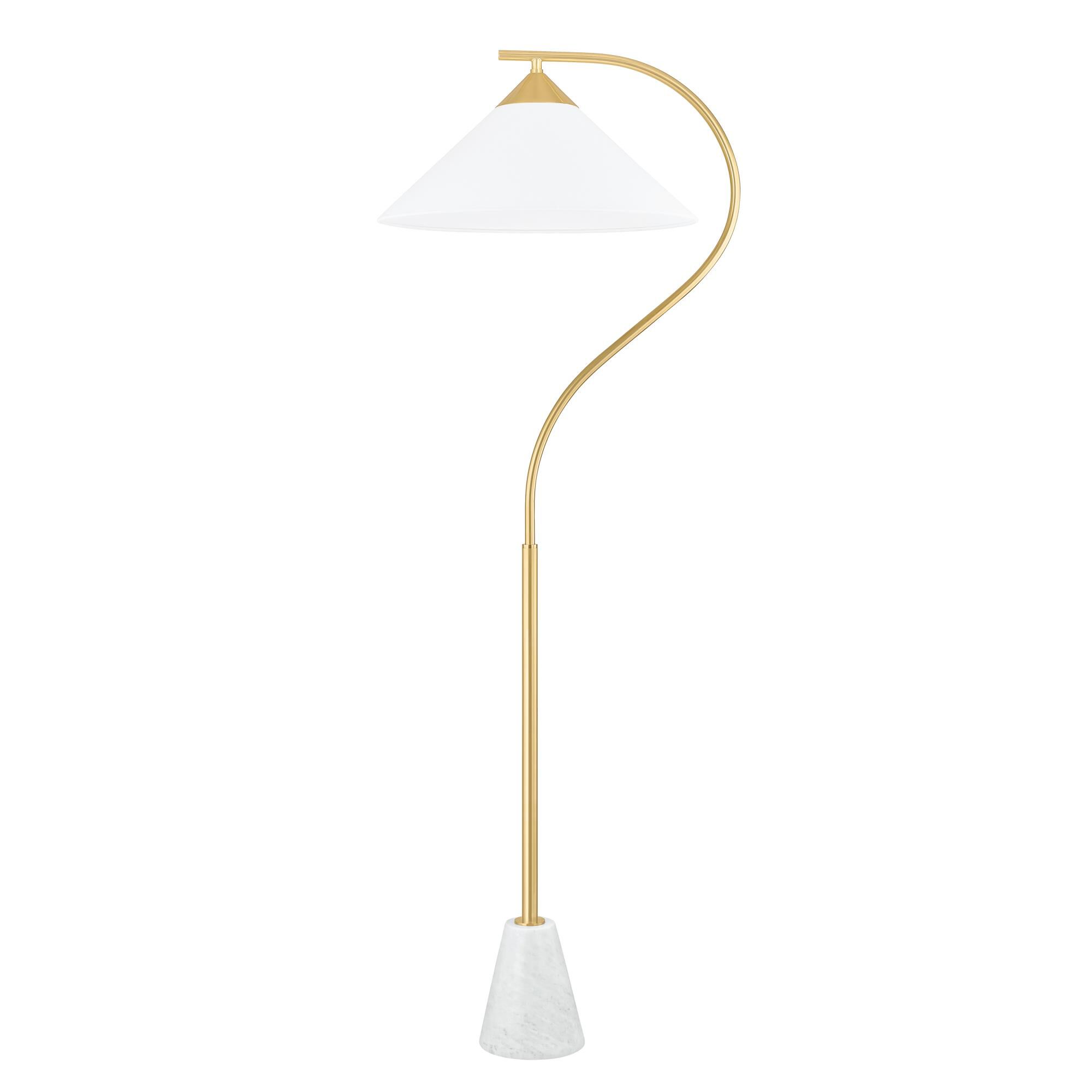 Shown in Aged Brass finish and White Linen shade