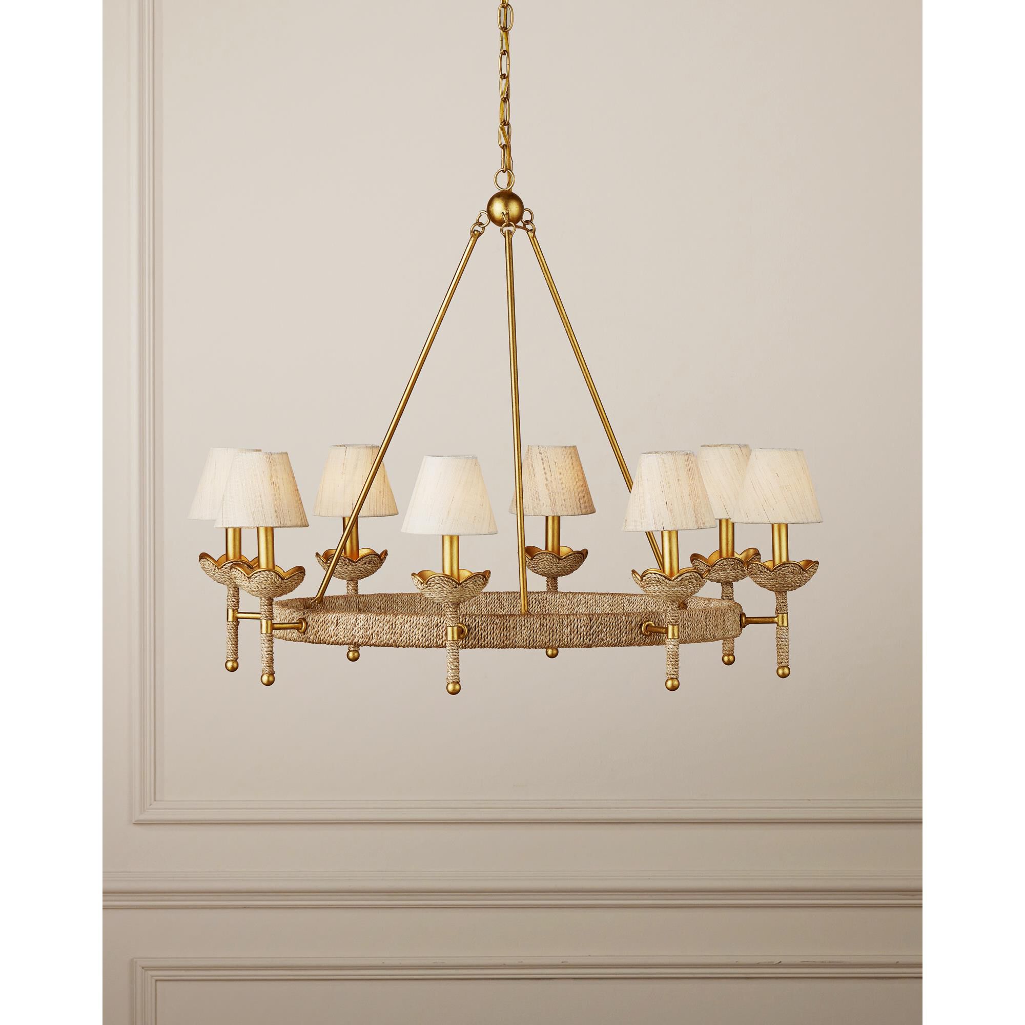 Shown in Natural, Contemporary Gold Leaf and Contemporary Gold finish and Natural Linen shade