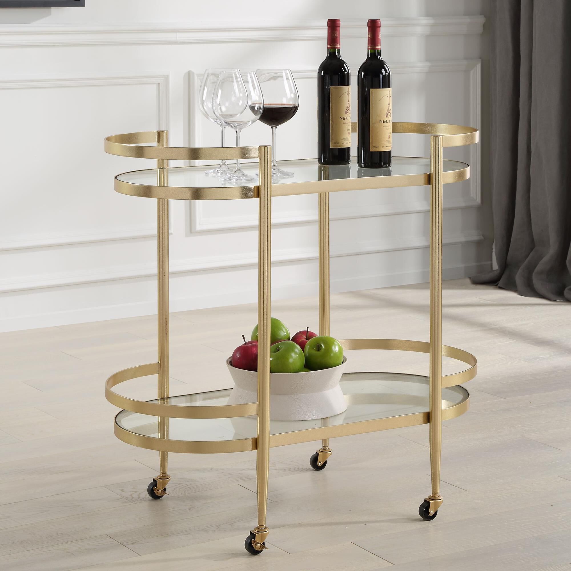 Shown in A Refined Serving Cart, Forged With A Beautiful Soft Gold Leaf Finish Made Completely From Iron. The finish