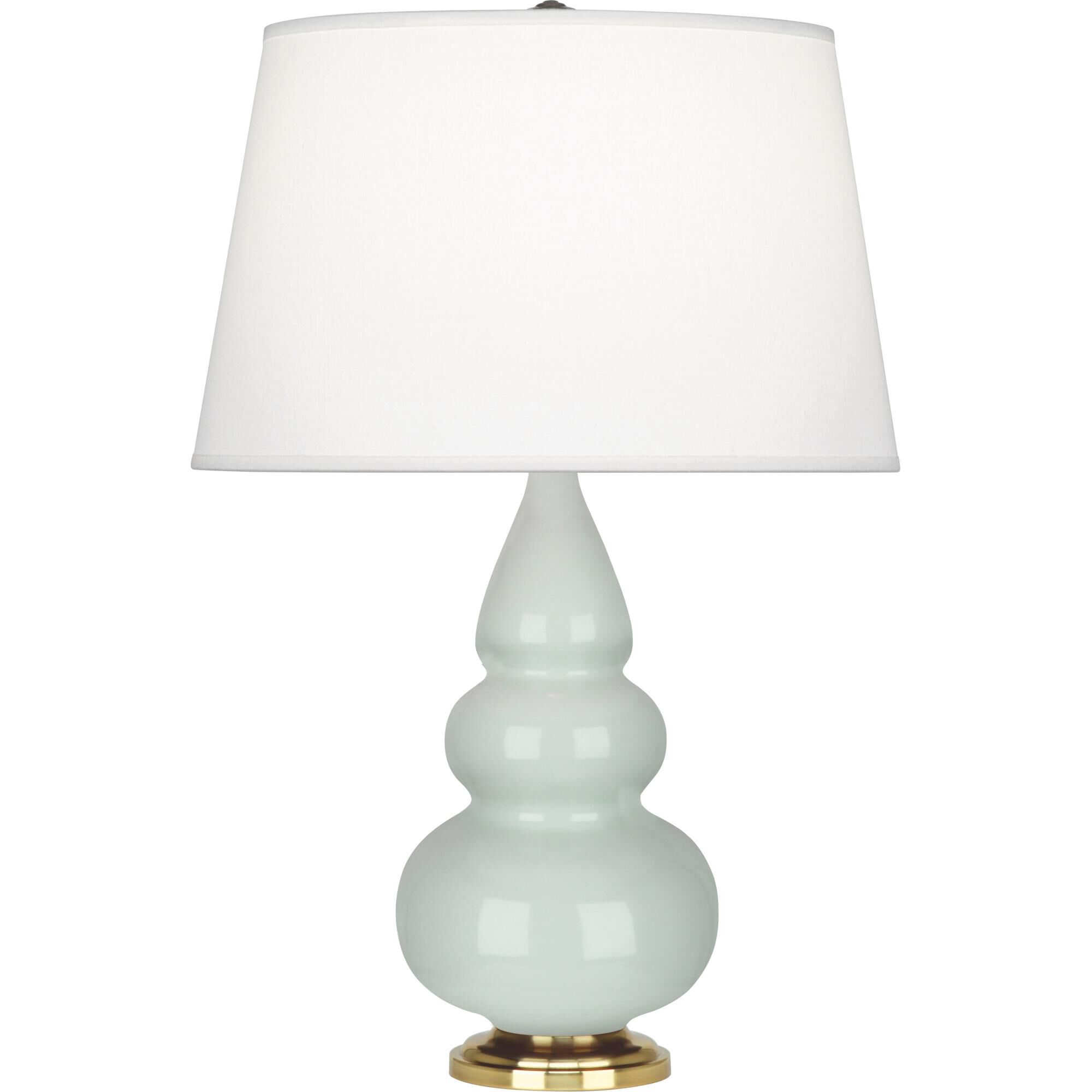 Shown in Celadon Glazed Ceramic With Antique Natural Brass ed Accents finish and Pearl Dupioni Fabric shade