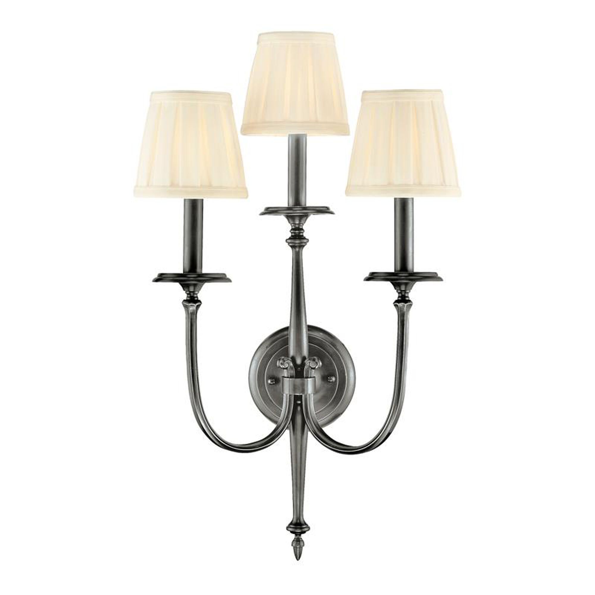 Shown in Antique Nickel finish and Off White Faux Silk shade