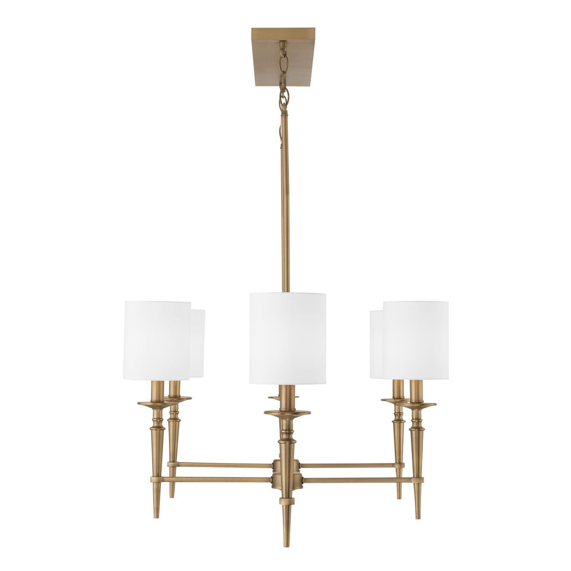 Shown in Aged Brass finish and 701 glass and White Fabric Stay-Straight s shade