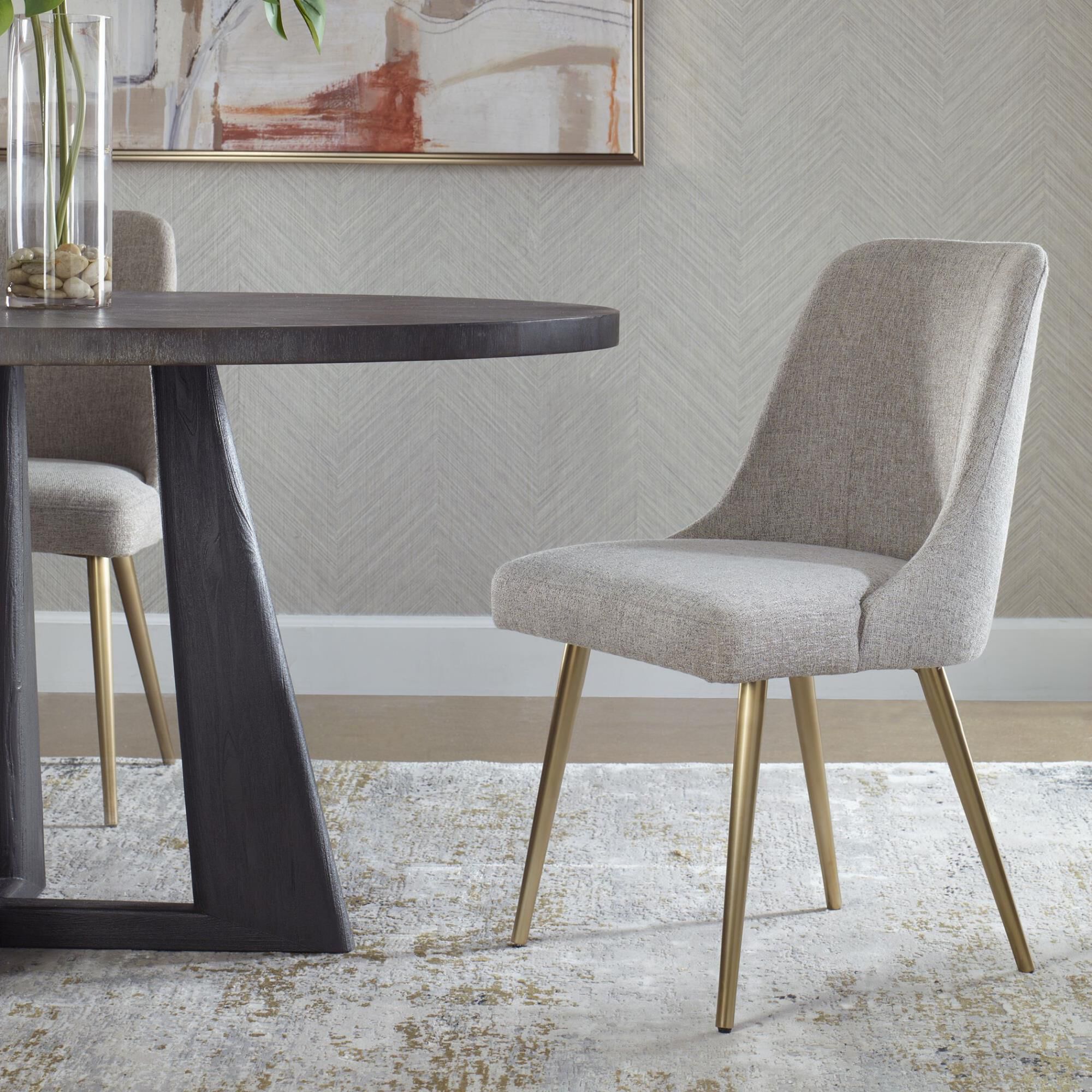 Shown in Gently Sloped Modern Lines Paired With Tapered Metal Legs In Brushed Gold. Upholstered In A Heathere finish