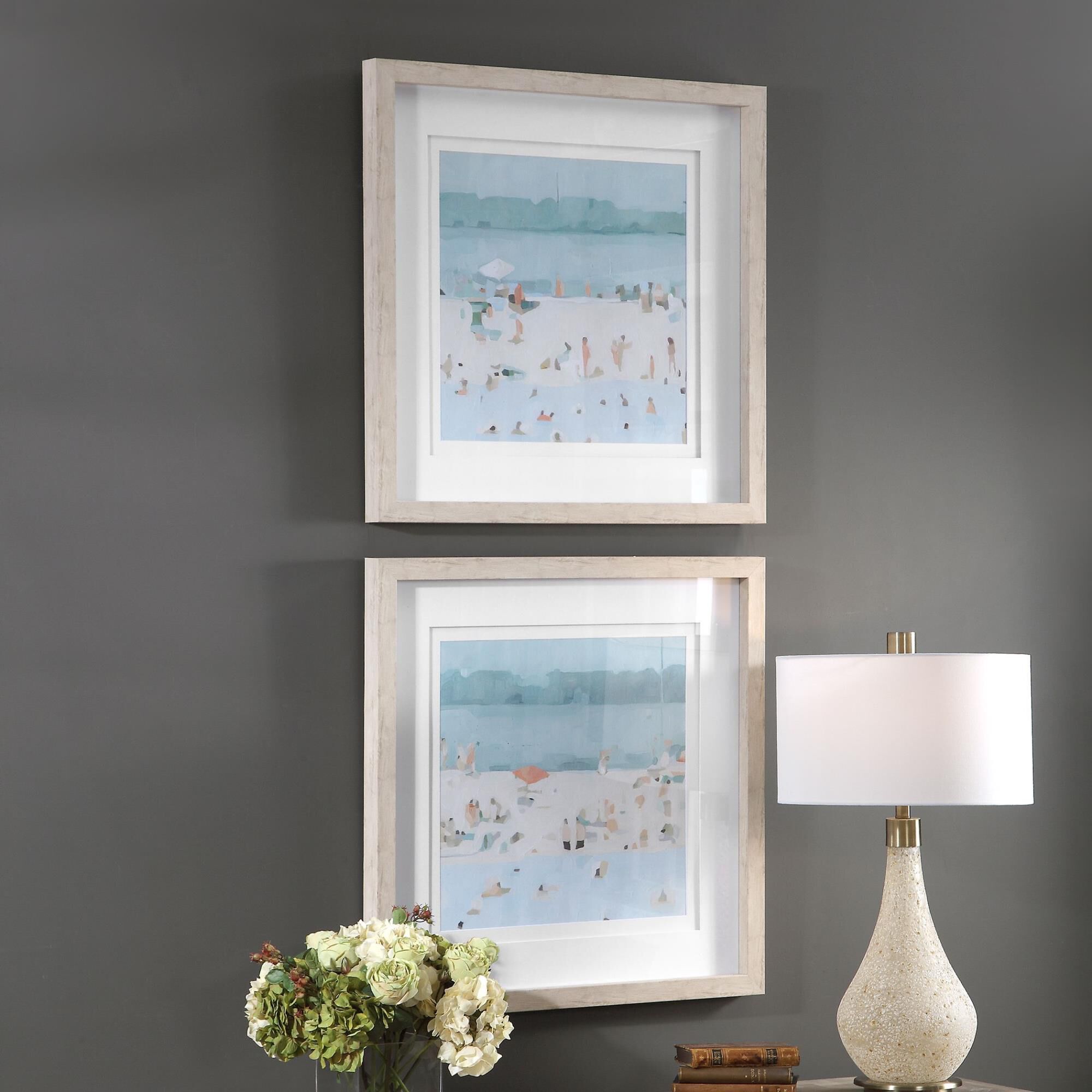 Shown in Beach Scene, Double White Mats, Light Driftwood Colored Frames, Light Blue, Blue, Teal, Tan, Peach,  finish