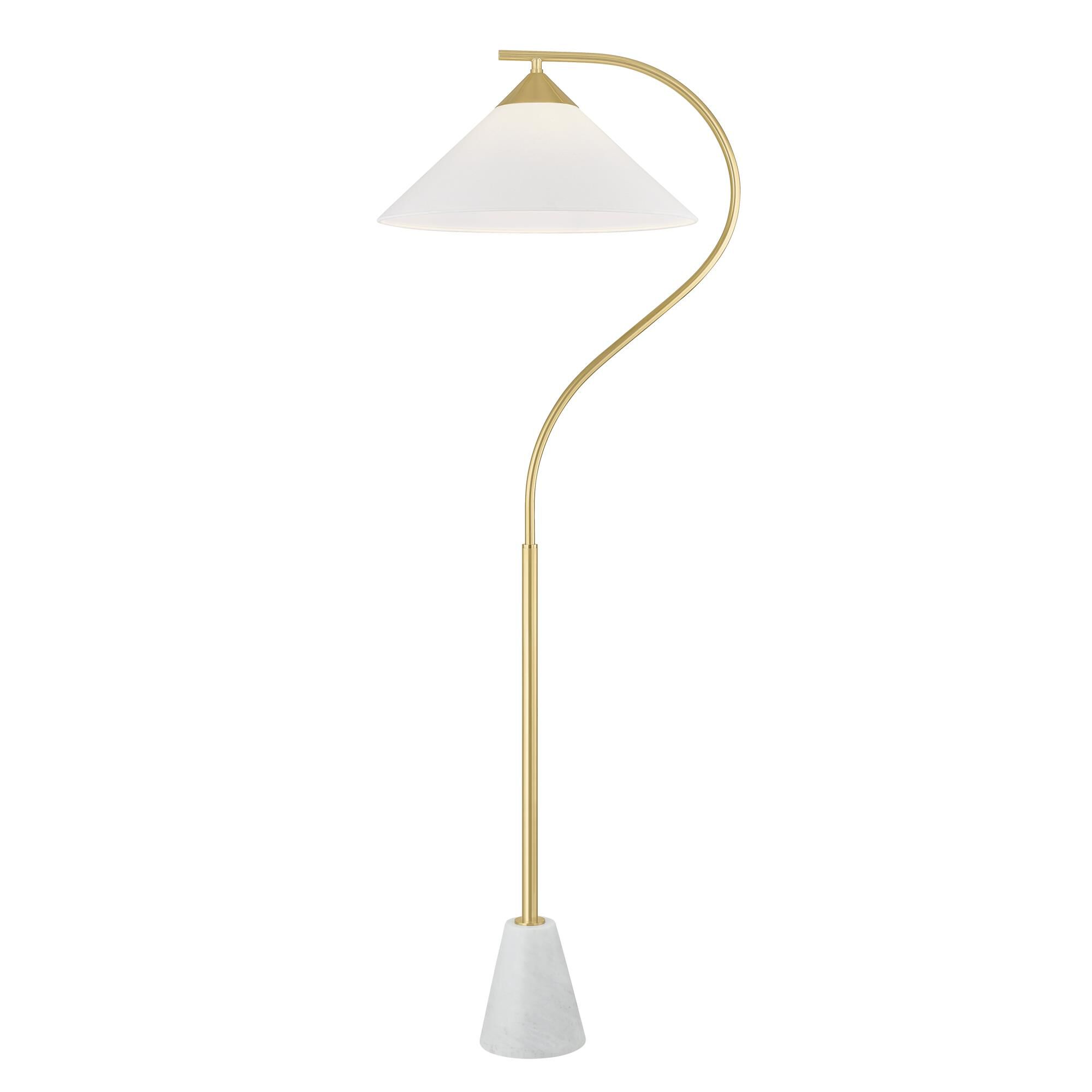 Shown in Aged Brass finish and White Linen shade