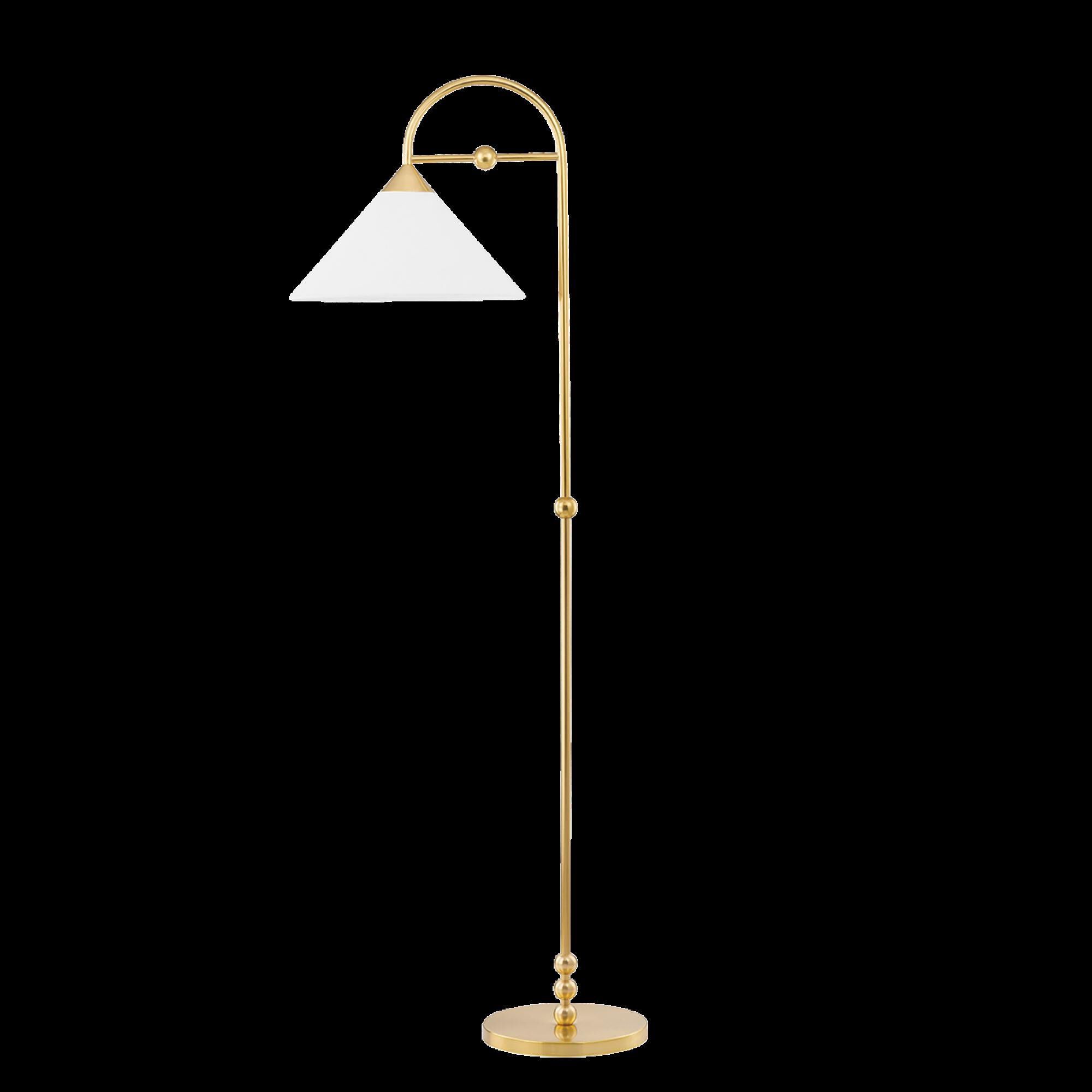 Shown in Aged Brass finish and White Linen shade