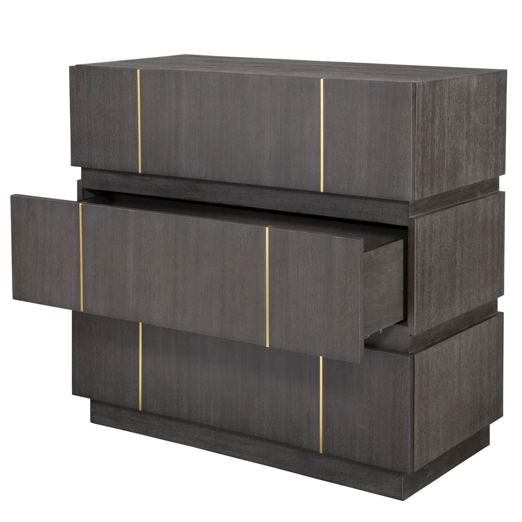 Shown in A Clean And Refined Accent Chest Featuring Three Acacia Veneer Drawers In Dark Walnut. The Richness  finish