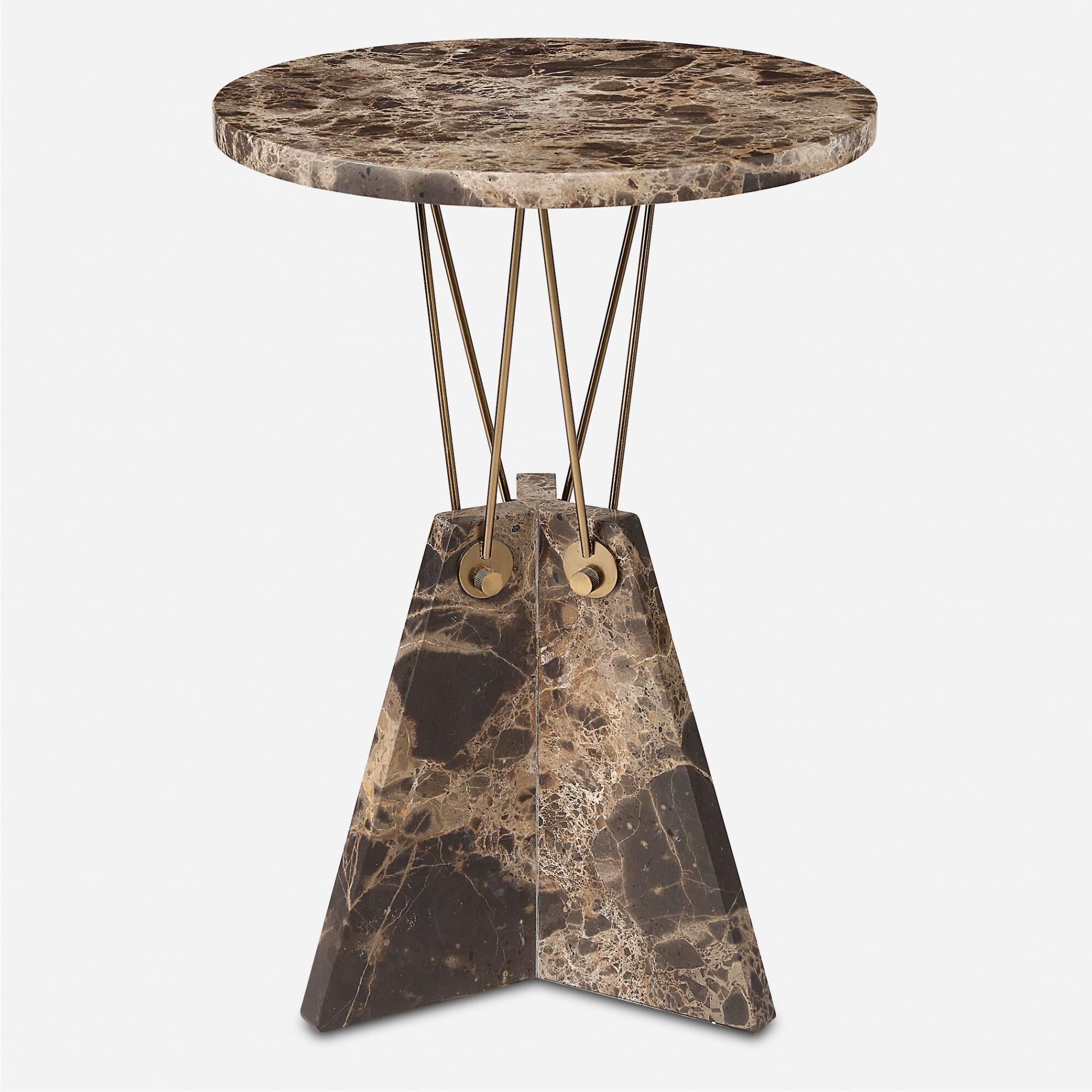 Shown in This Geometric Table Features A Round Top And Base Made Of Rich Emperador Brown Marble Connected By  finish