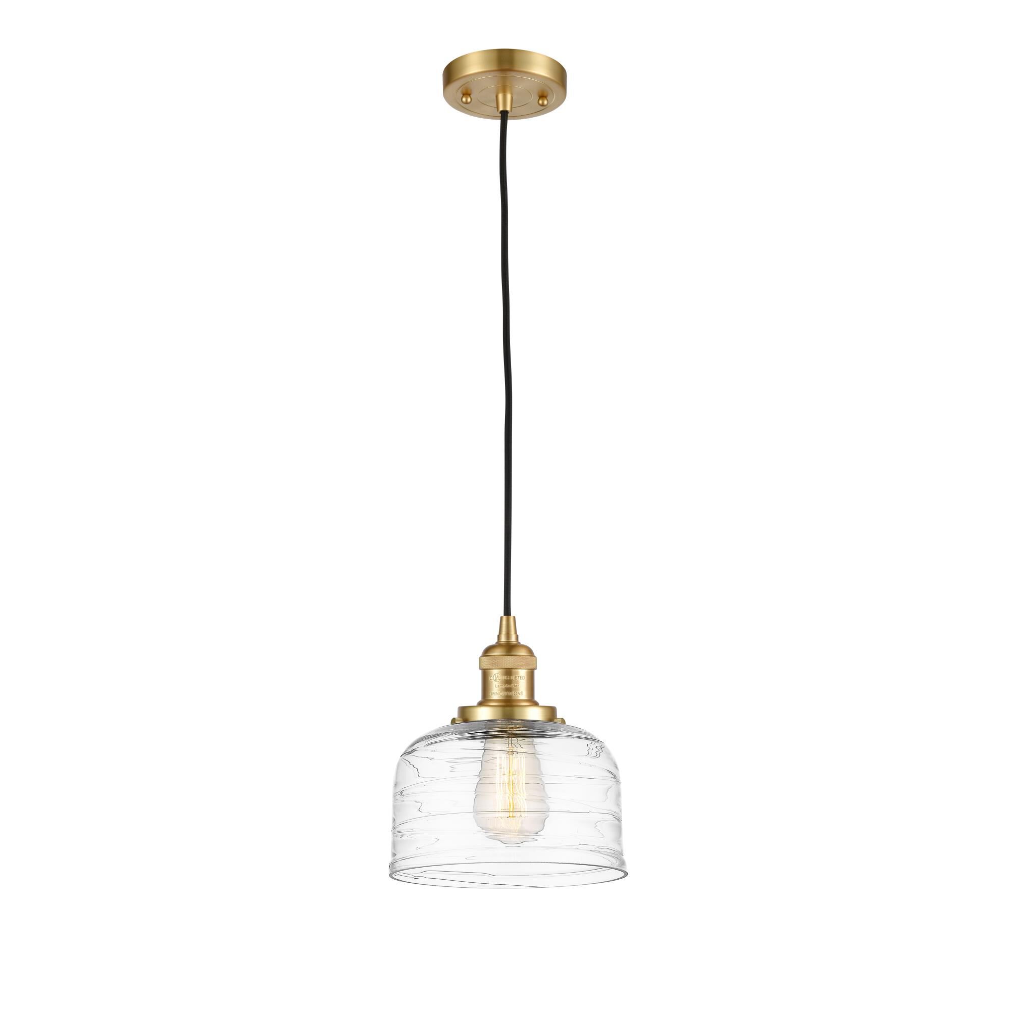 Shown in Satin Gold finish and Clear Deco Swirl Large Bell glass