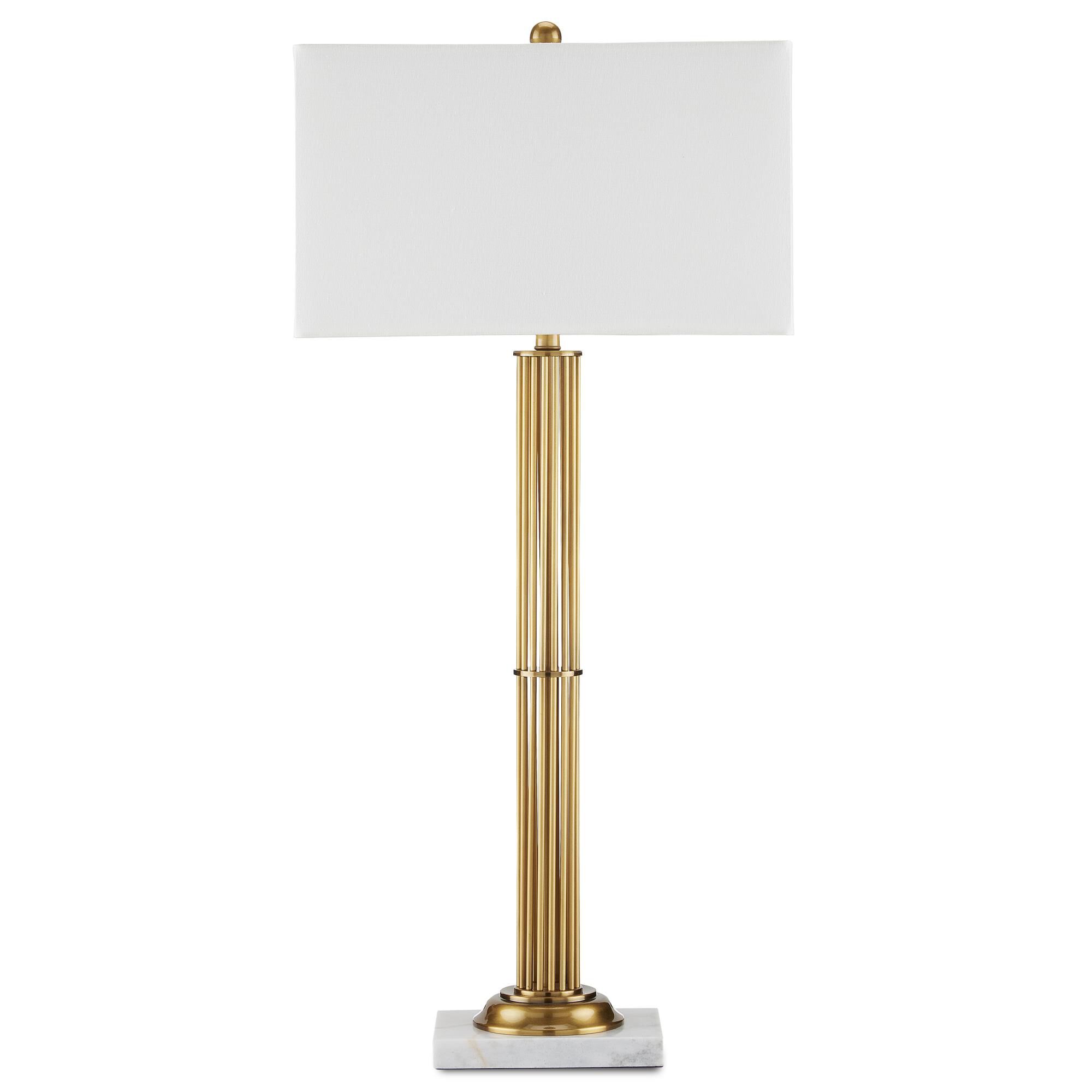 Shown in Antique Brass and White Marble finish and Bone Linen shade