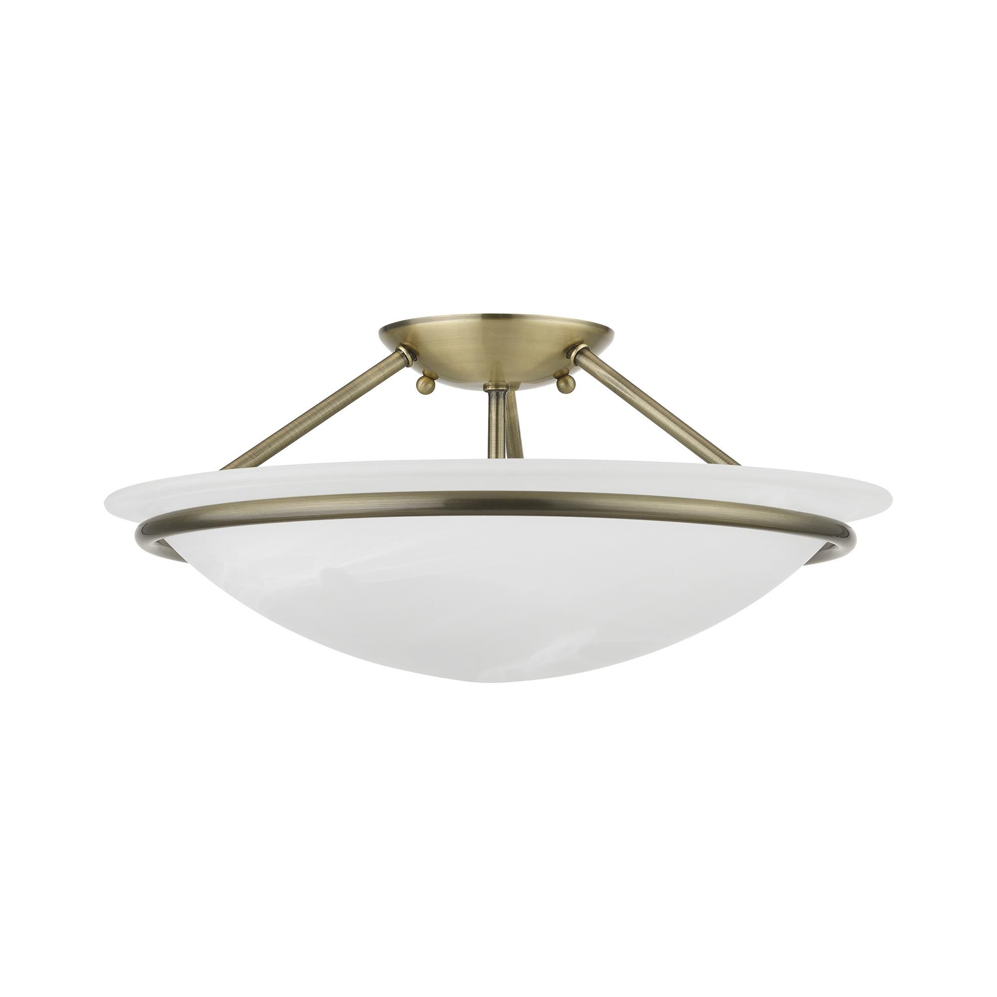 Shown in Antique Brass finish and White Alabaster glass and White Alabaster Glass shade