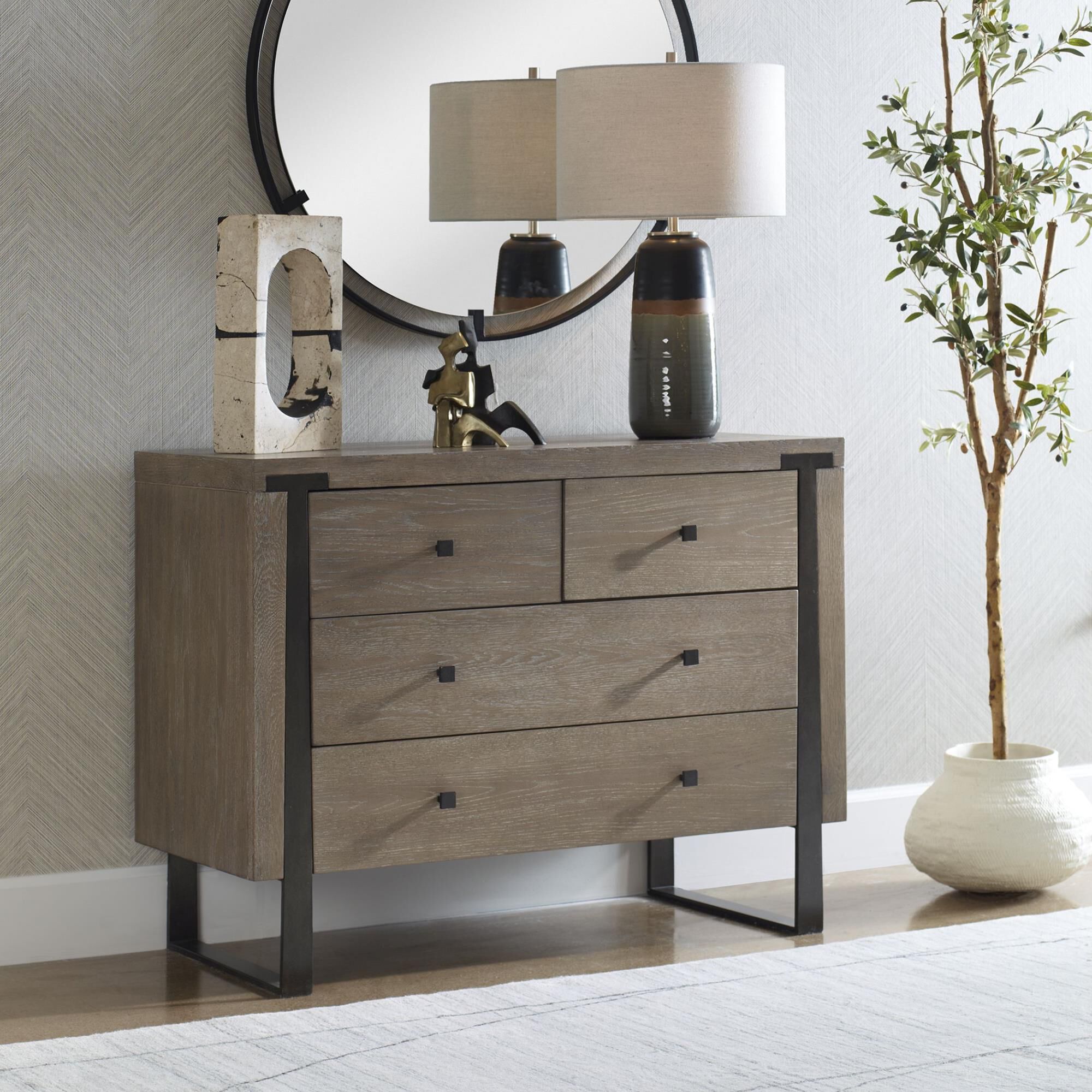 Shown in Contemporary In Style, This Light Oak Veneer Chest Features Dark Bronze Iron Legs That Embed Into Th finish