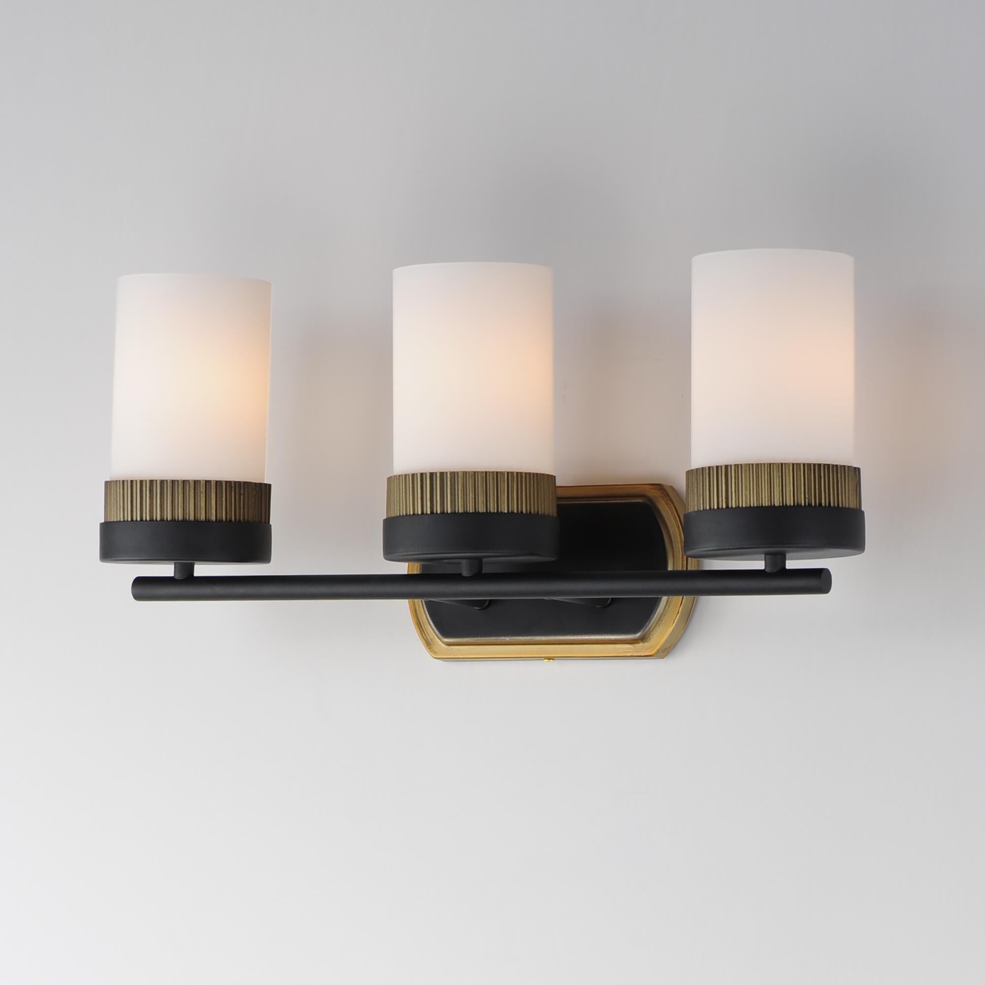 Shown in Black / Antique Brass finish and Satin White glass and Glass shade