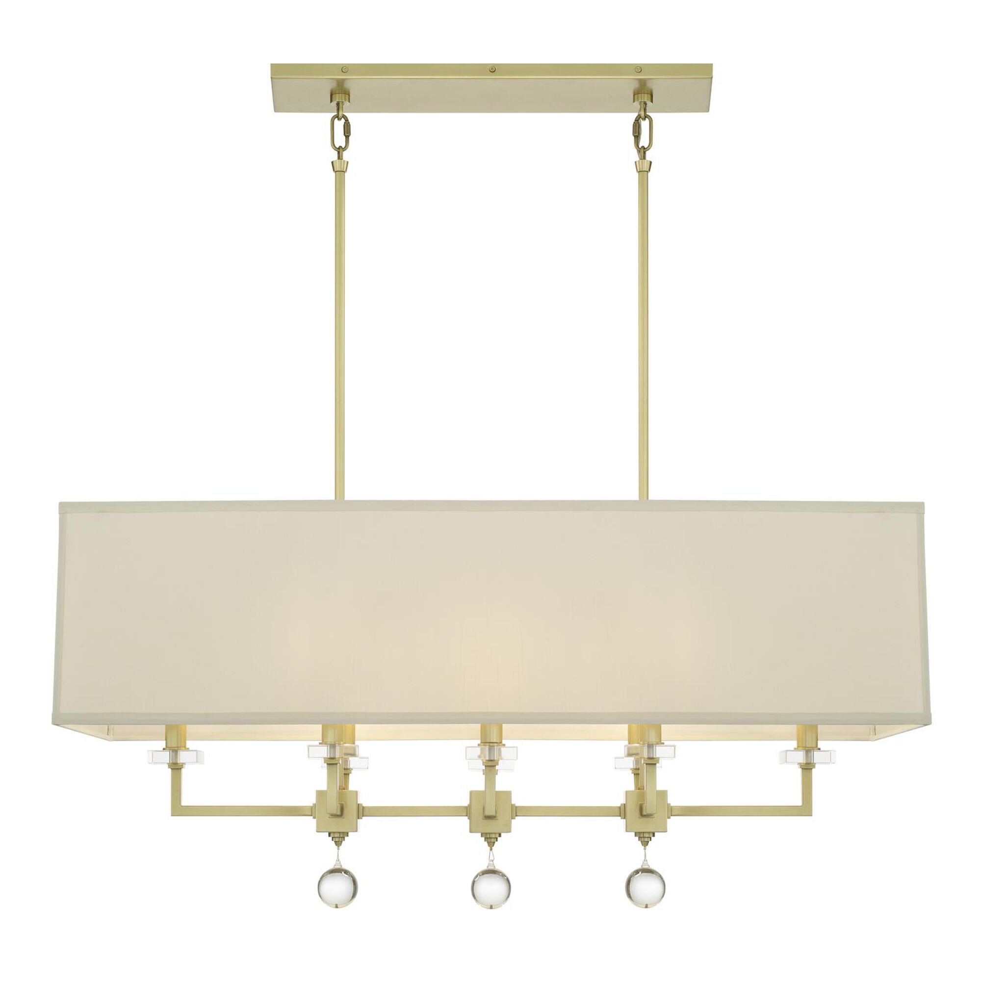 Shown in Antique Gold finish and Clear Glass Balls crystal and White Silk shade