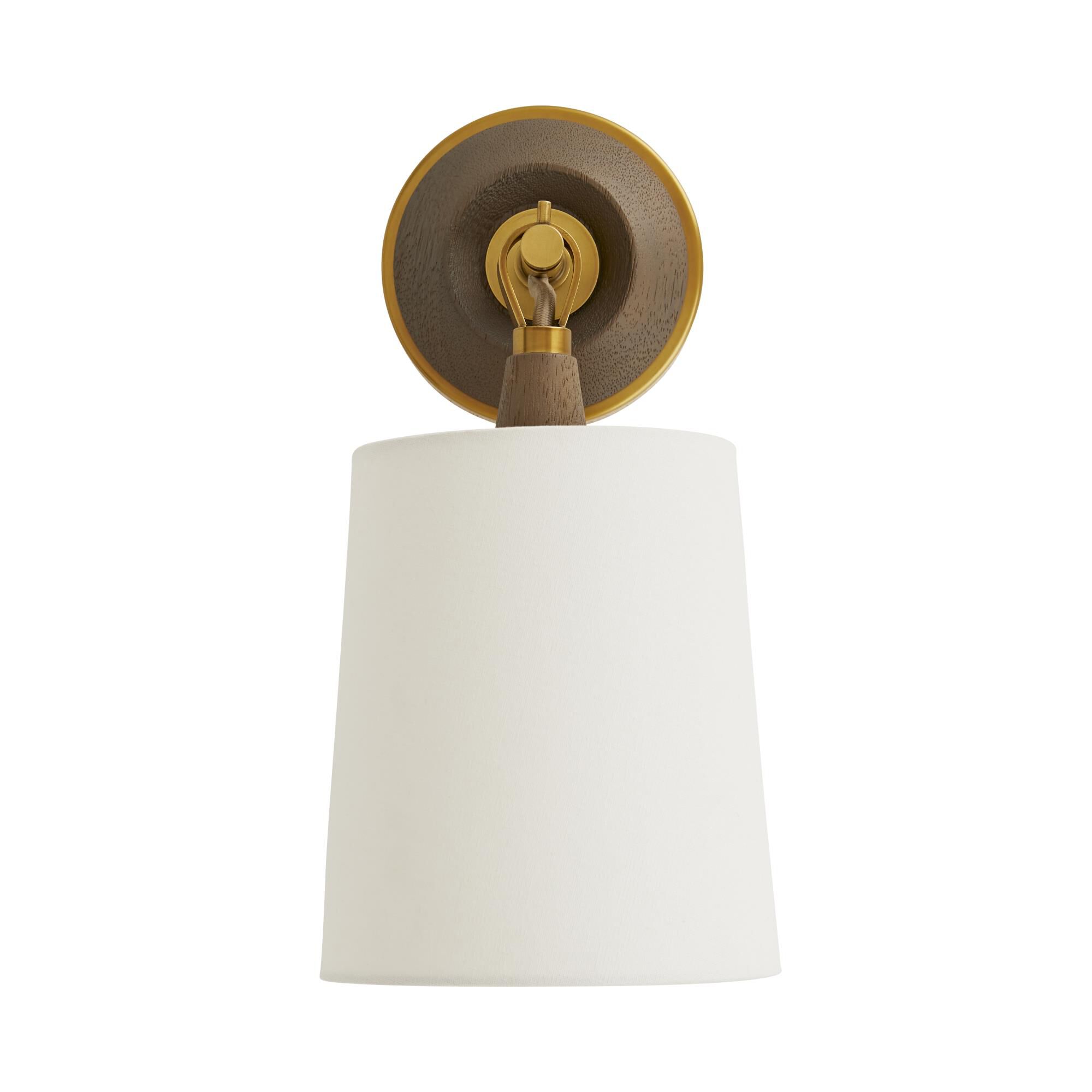 Shown in Antique Brass finish and Linen shade