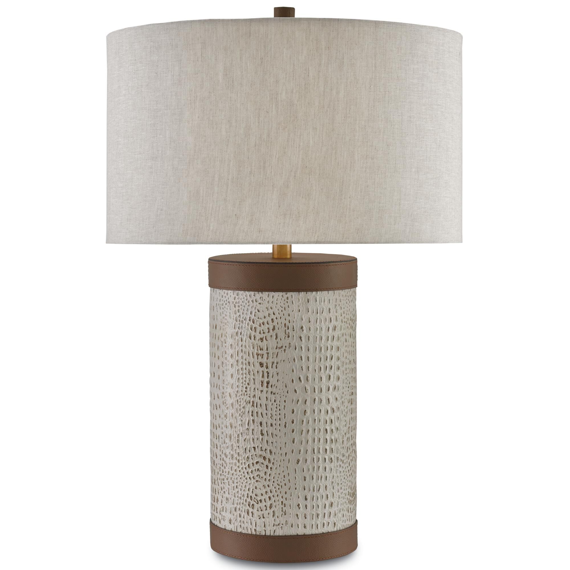 Shown in Ivory-Brown-Brushed Brass finish and Natural Linen shade