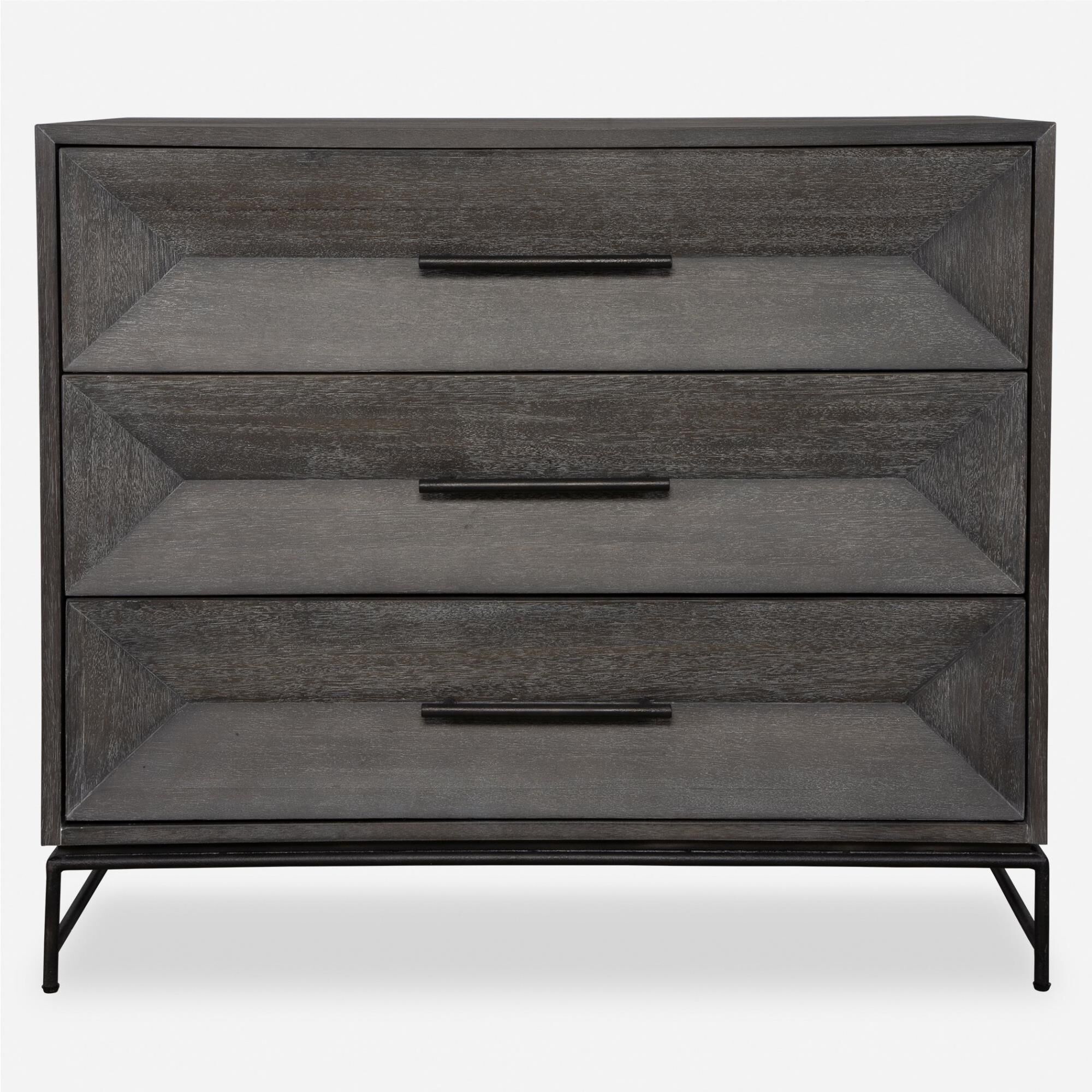 Shown in Displaying Balanced Elegance Through Its Three Symmetric Drawers This Chest Is Crafted From Rich Aca finish