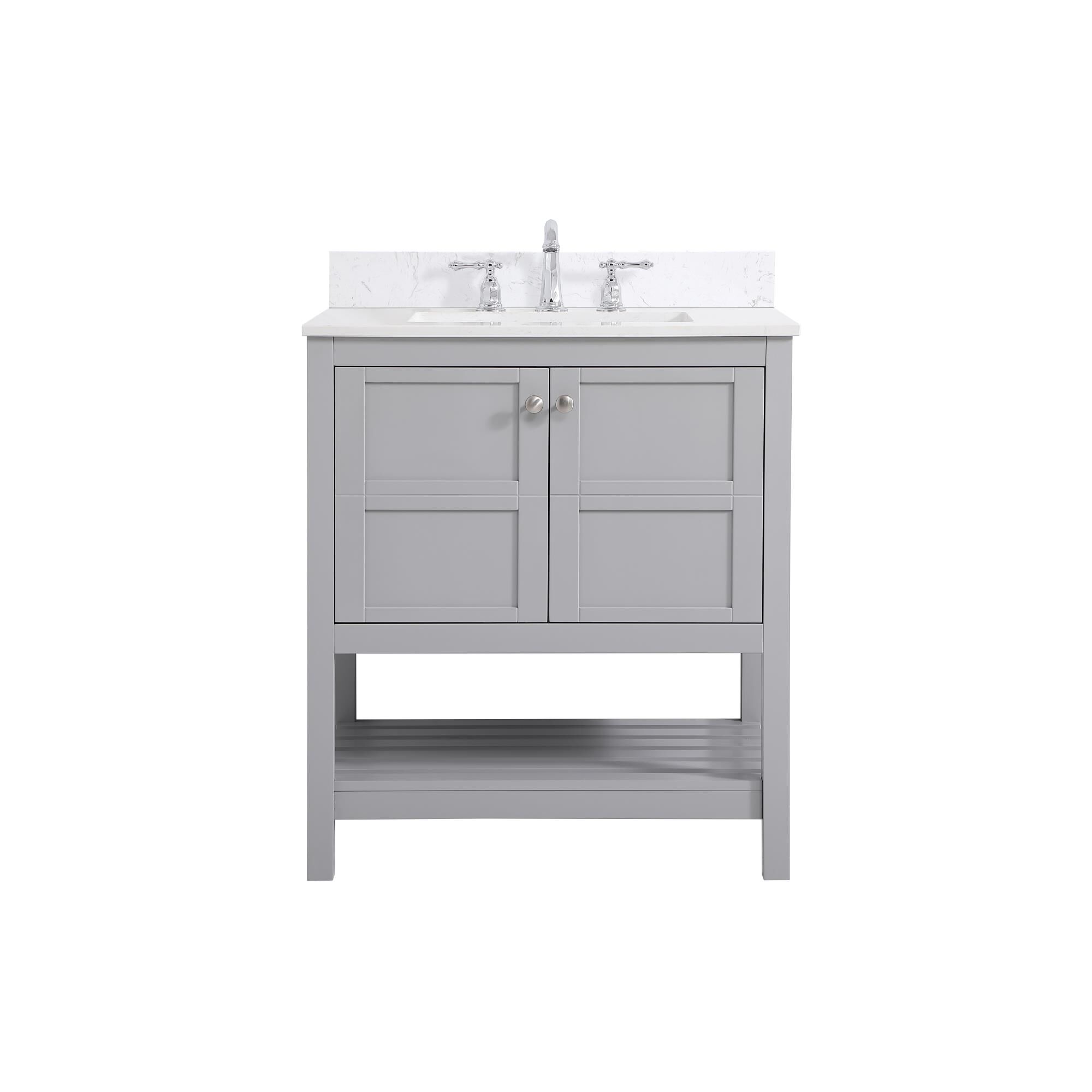 Shown in Gray And Brushed Nickel With Calacatta Quartz finish