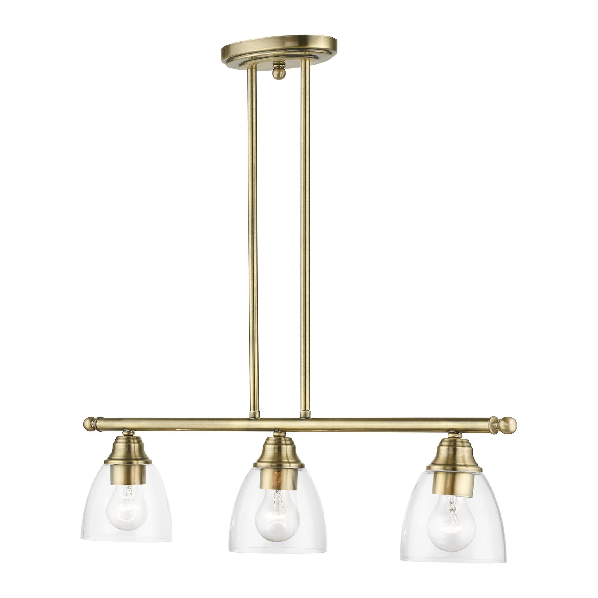 Shown in Antique Brass finish and Hand Blown Clear glass