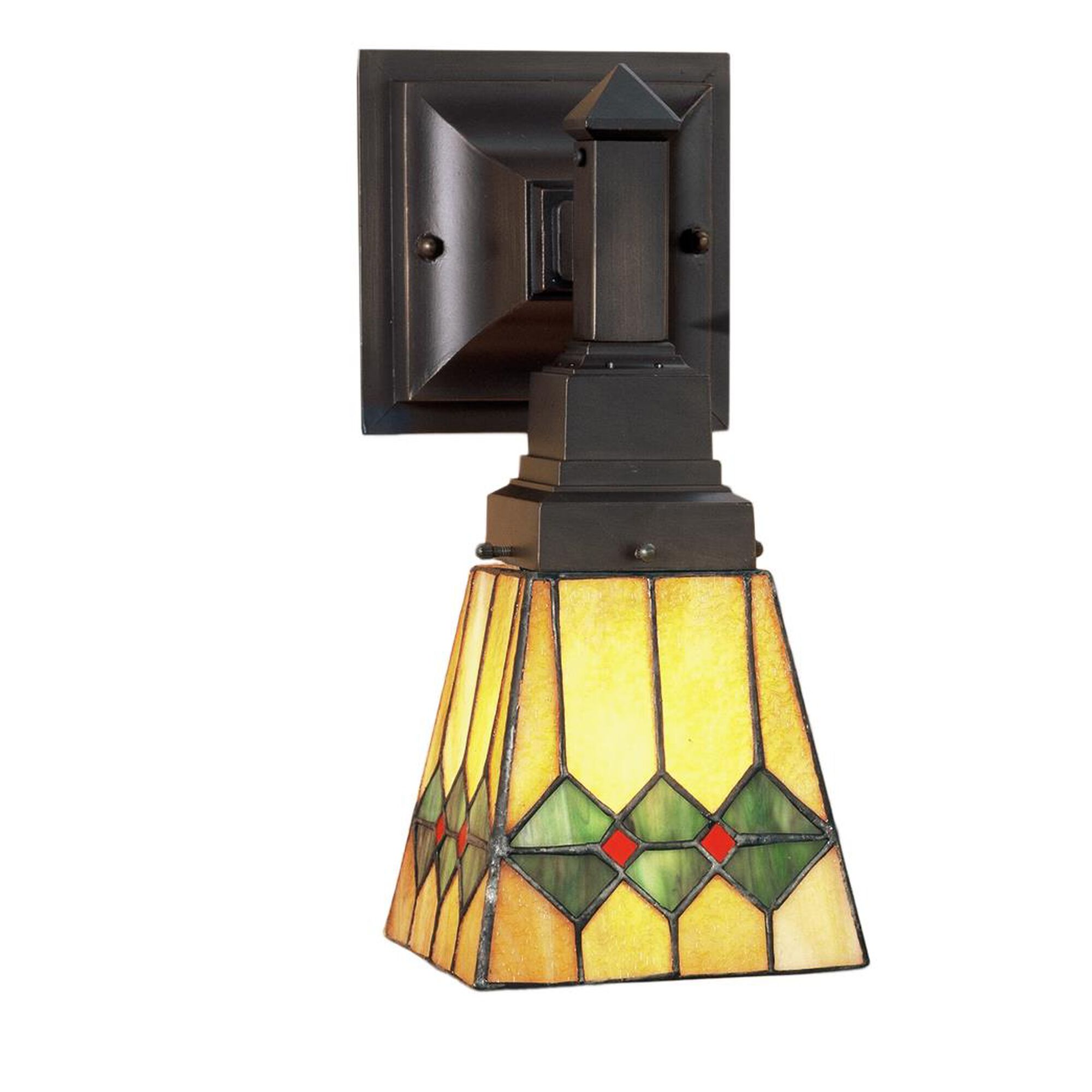 Shown in Mahogany Bronze finish and Olive Green-Pimento Red-Honey Amber glass