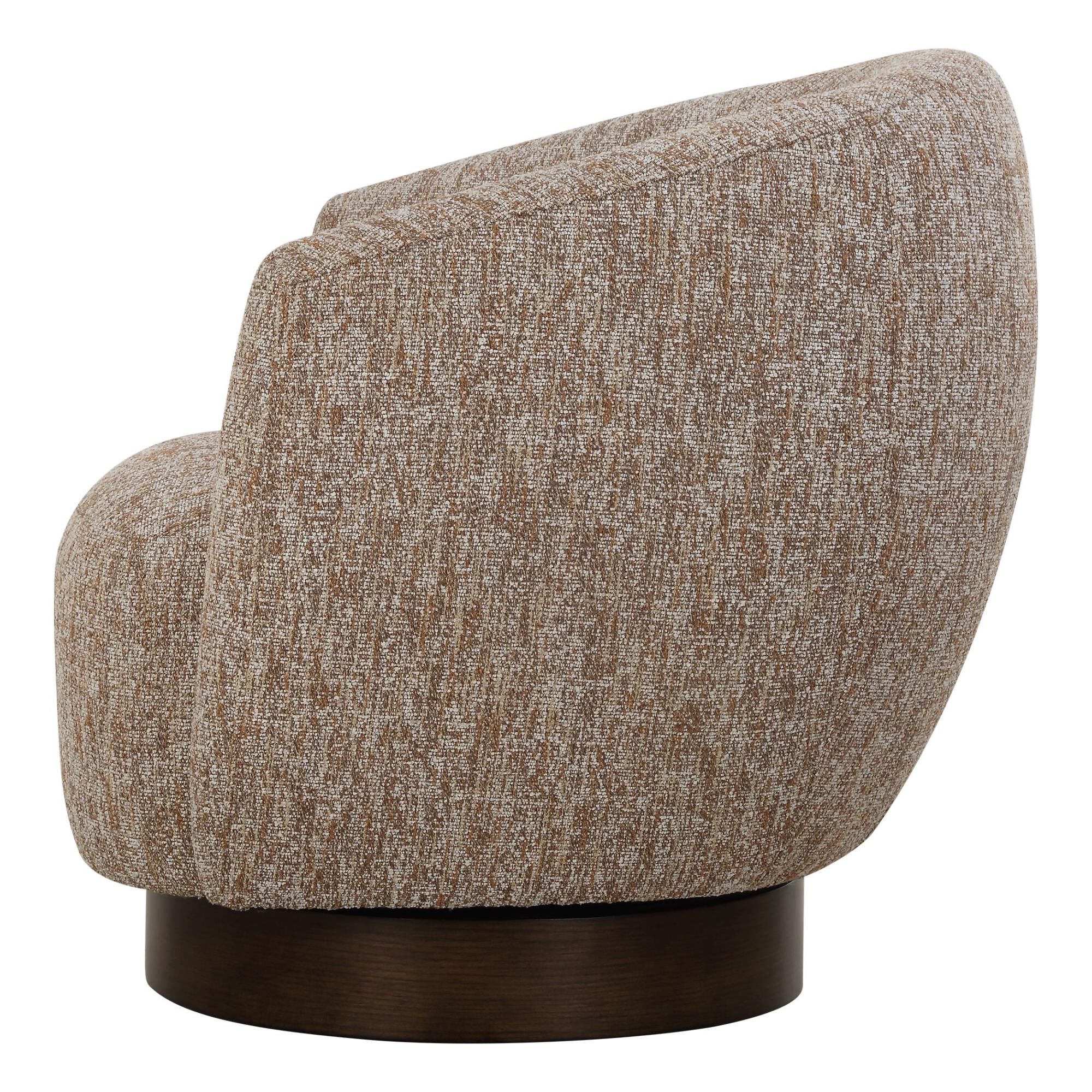 Shown in Embodying Richness Of Earth's Warm Tones, The Dunes Barrel Back Swivel Chair Features A Woven Fabric finish