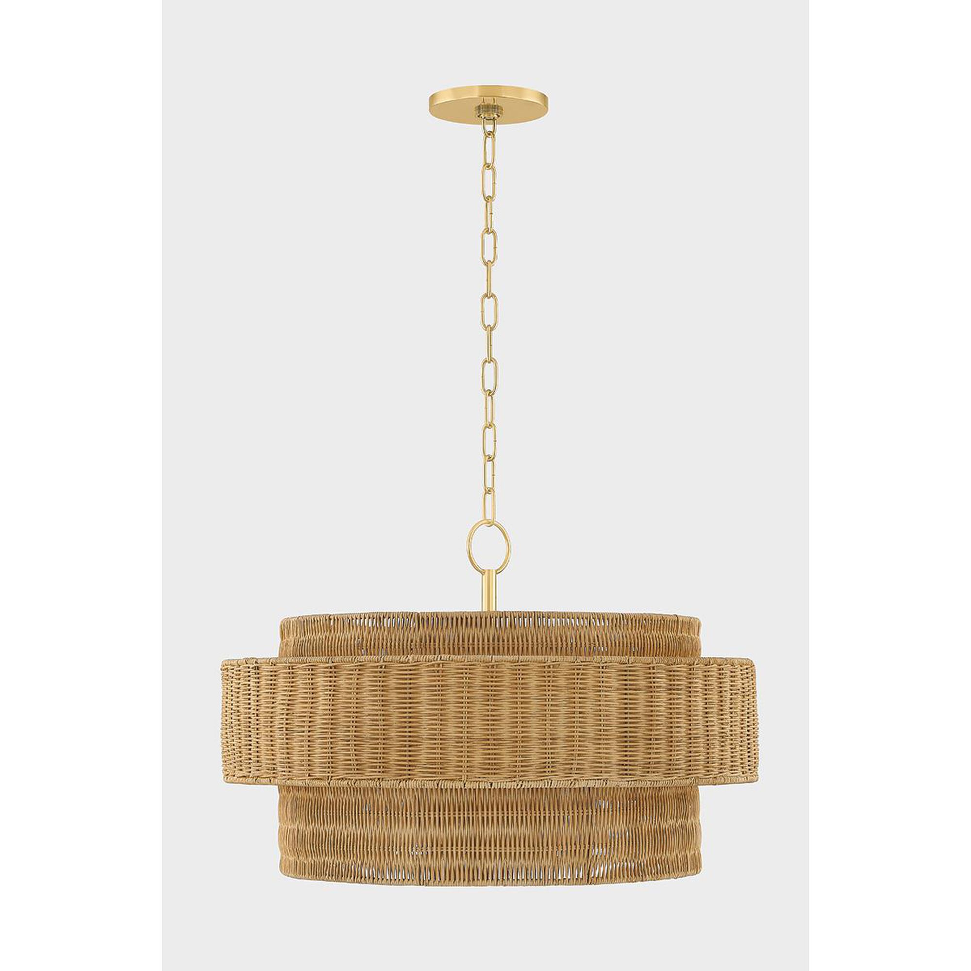 Shown in Aged Brass finish and Light Natural Wicker shade