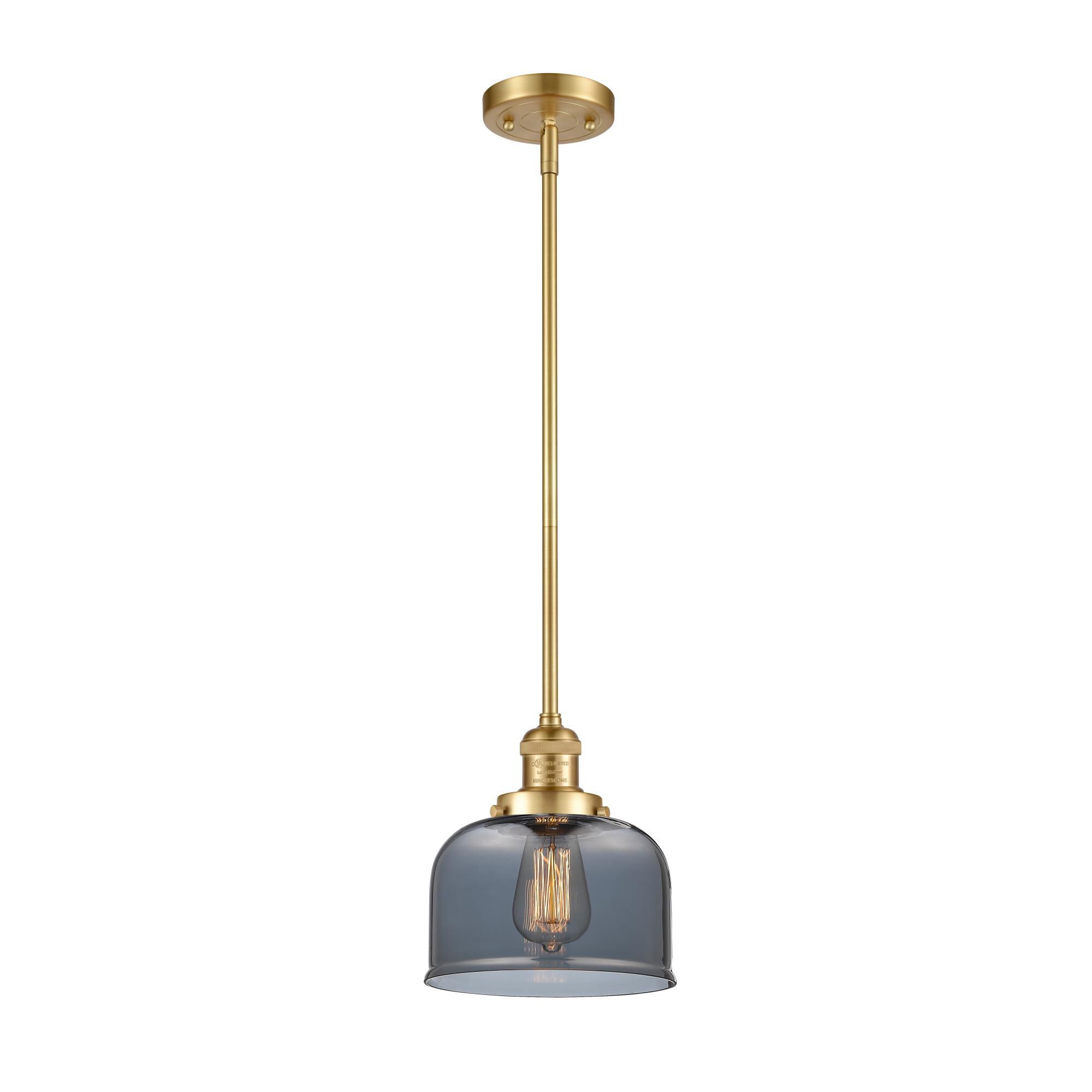 Shown in Satin Gold finish and Plated Smoke Large Bell glass