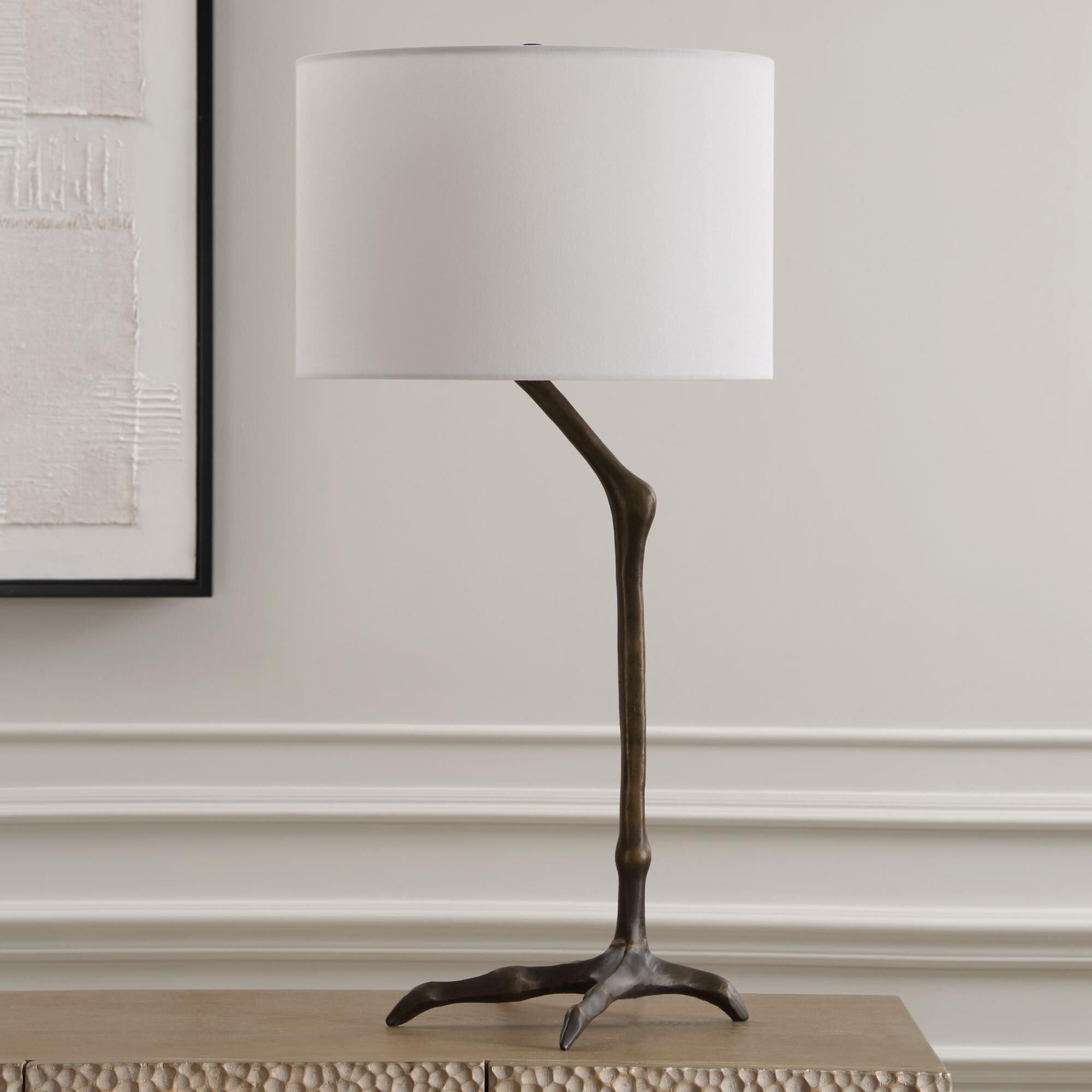 Shown in This Unique Table Lamp Combines Nature-Inspired Elegance With A Touch Of Whimsy, Featuring A Slender finish and Round Drum Hardback shade