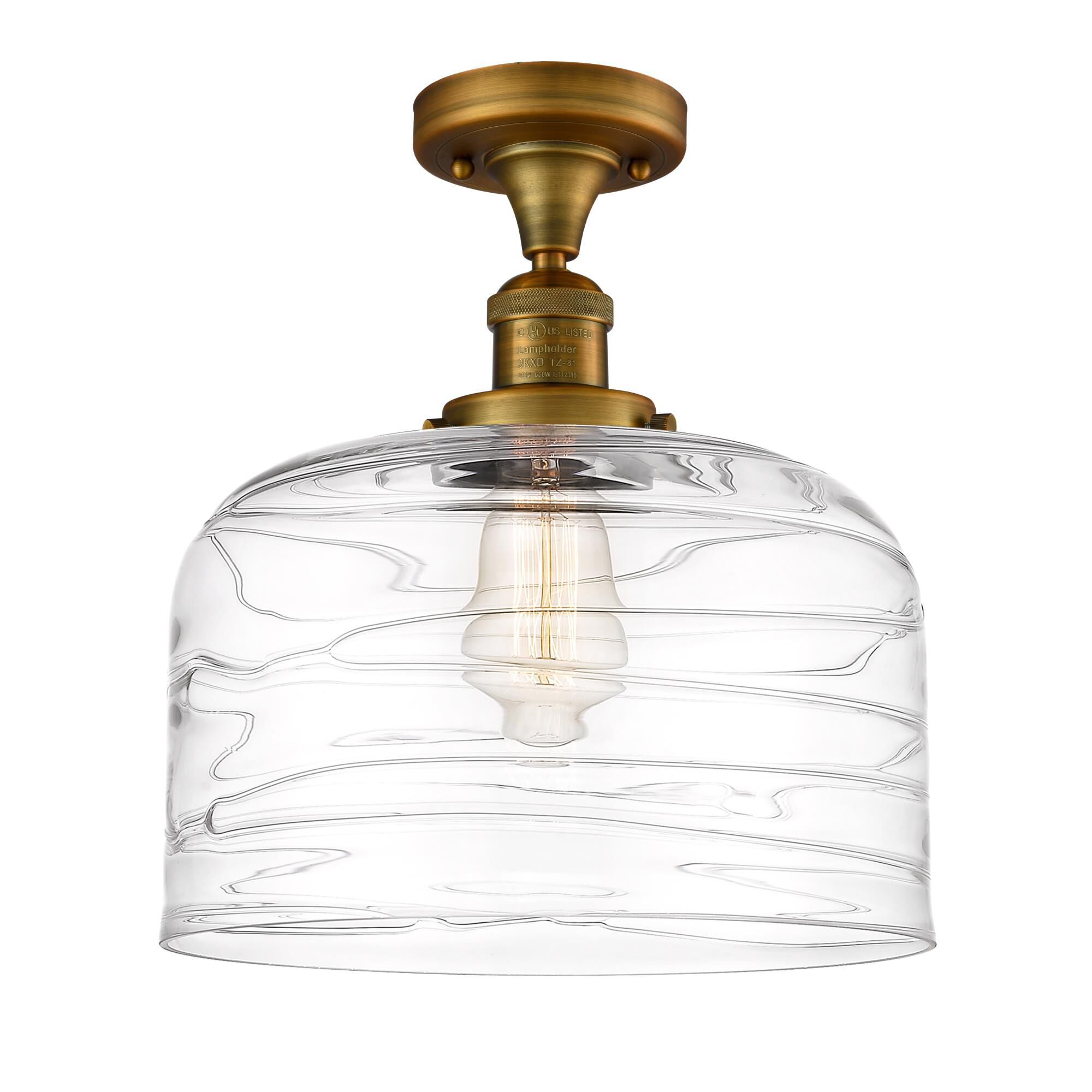 Shown in Brushed Brass finish and Clear Deco Swirl X-Large Bell glass