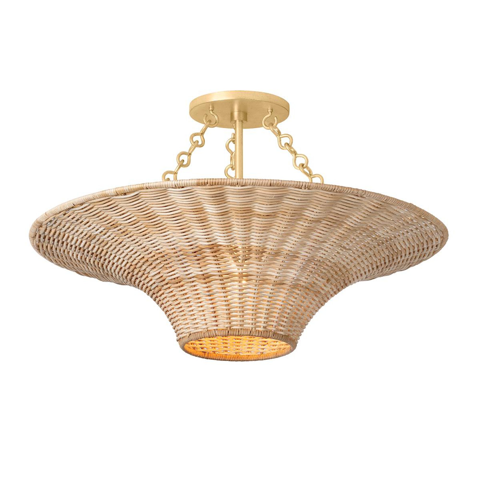 Shown in Vintage Gold Leaf finish and Vintage Natural Wicker shade