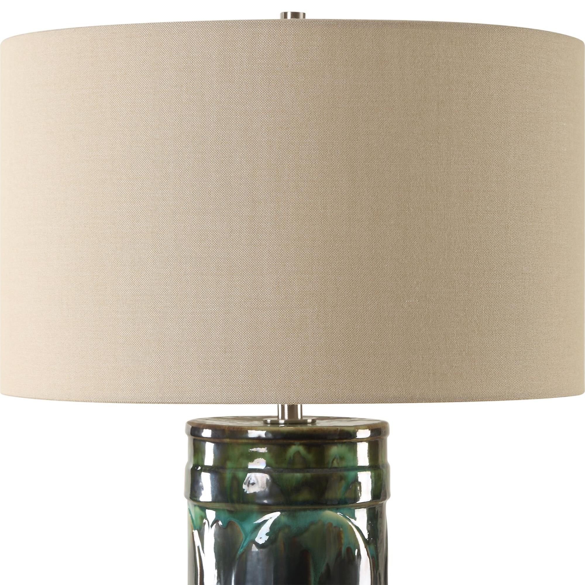 Shown in The Loch Table Lamp Features A Ceramic Base, Embellished With A Peacock Green And Slate Glaze, Addin finish