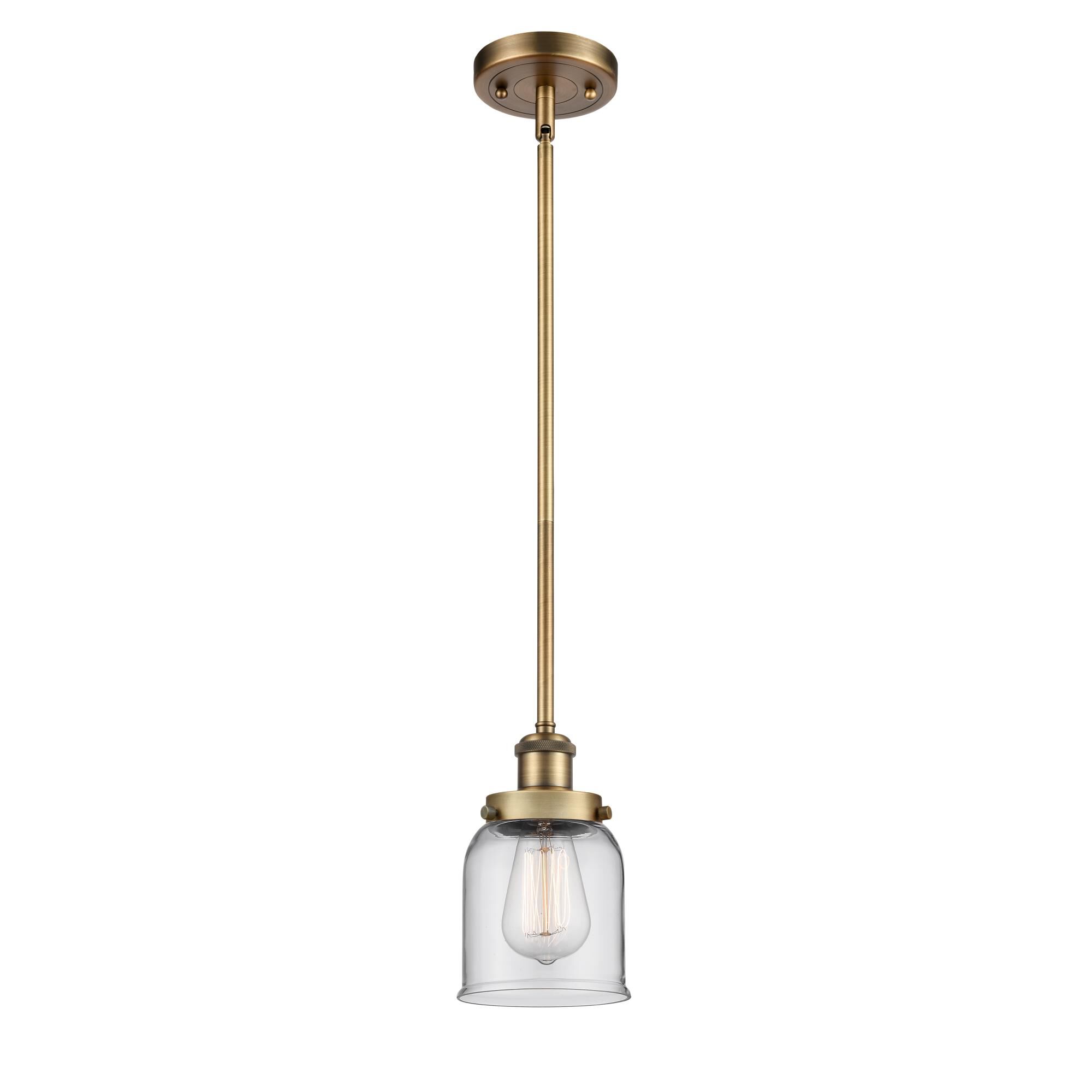 Shown in Brushed Brass finish and Clear Small Bell glass