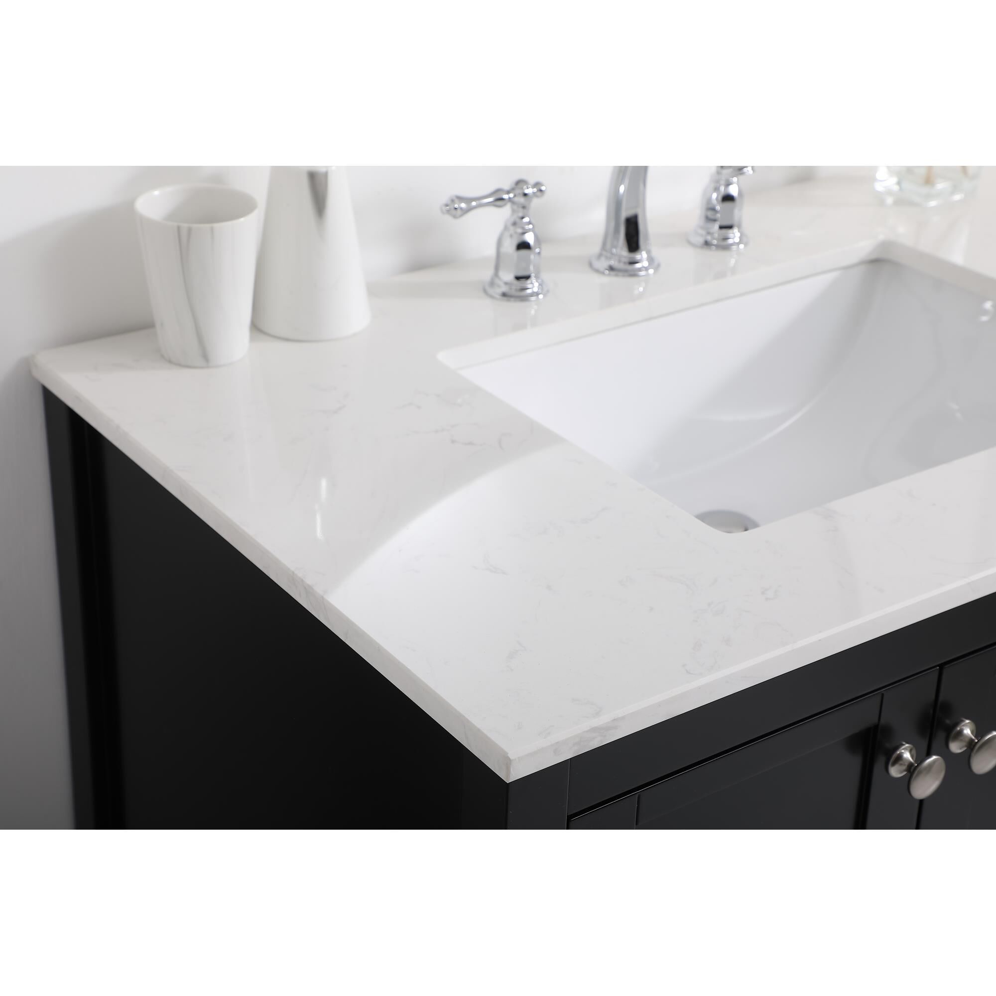 Shown in Black And Brushed Nickel With Calacatta Quartz finish