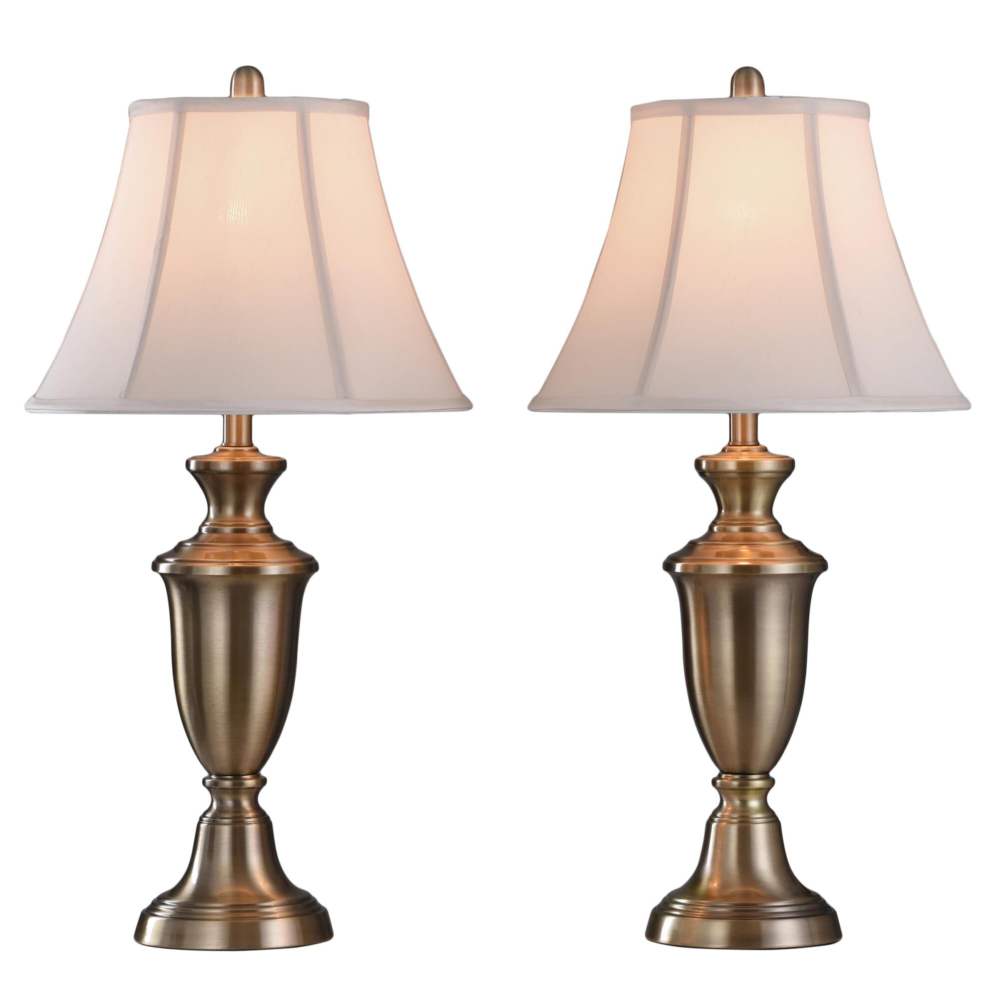 Shown in Antique Brass finish and White Softback Silk Fabric shade