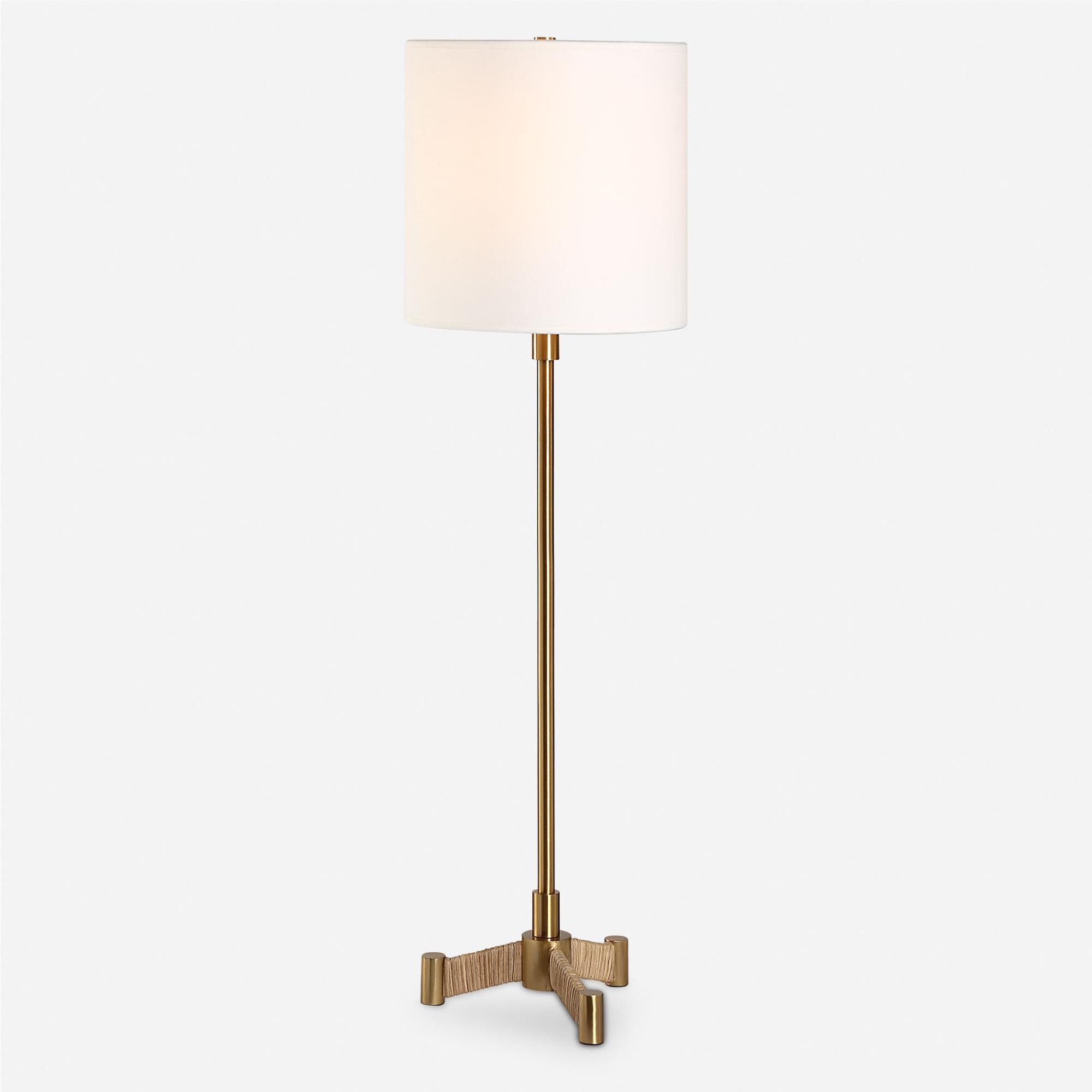 Shown in This Versatile Buffet Lamp Showcases A Plated Brass Slim Metal Base Accented By Rattan Wrapped Legs. finish and Round Hardback shade