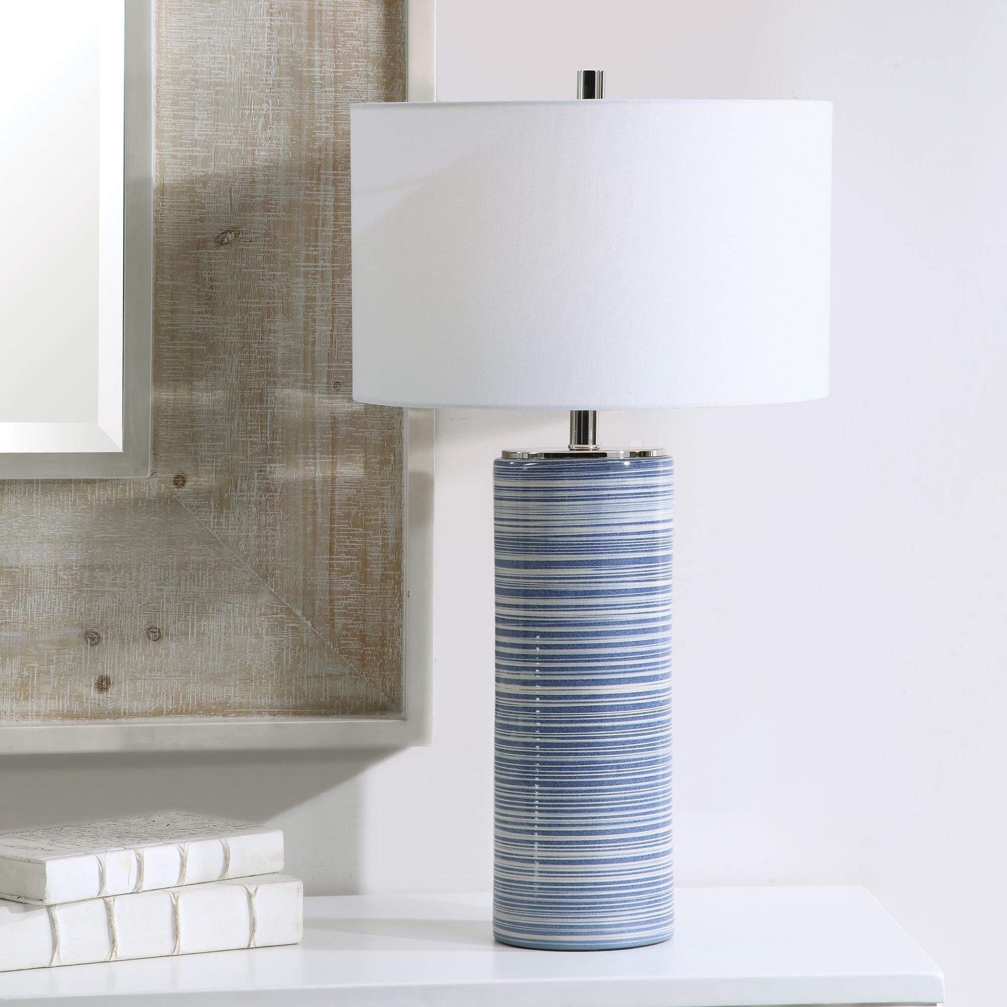 Shown in Showcasing Trendy White And Indigo Hues, This Ceramic Table Lamp Has A Striped Glaze With Polished N finish and Round Drum Hardback shade