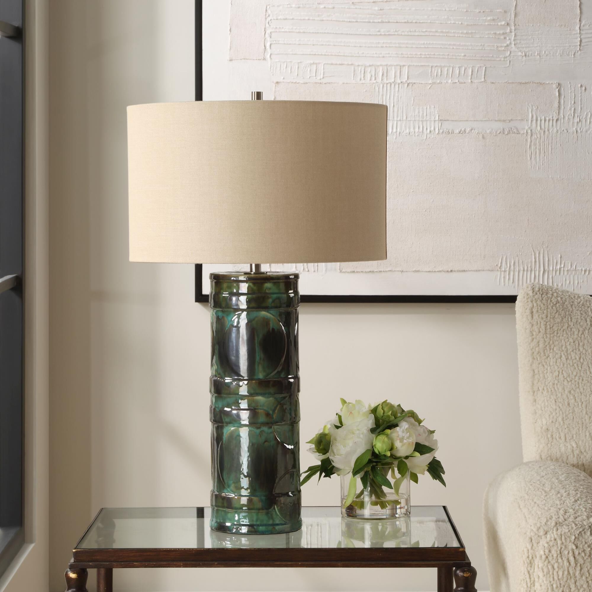 Shown in The Loch Table Lamp Features A Ceramic Base, Embellished With A Peacock Green And Slate Glaze, Addin finish