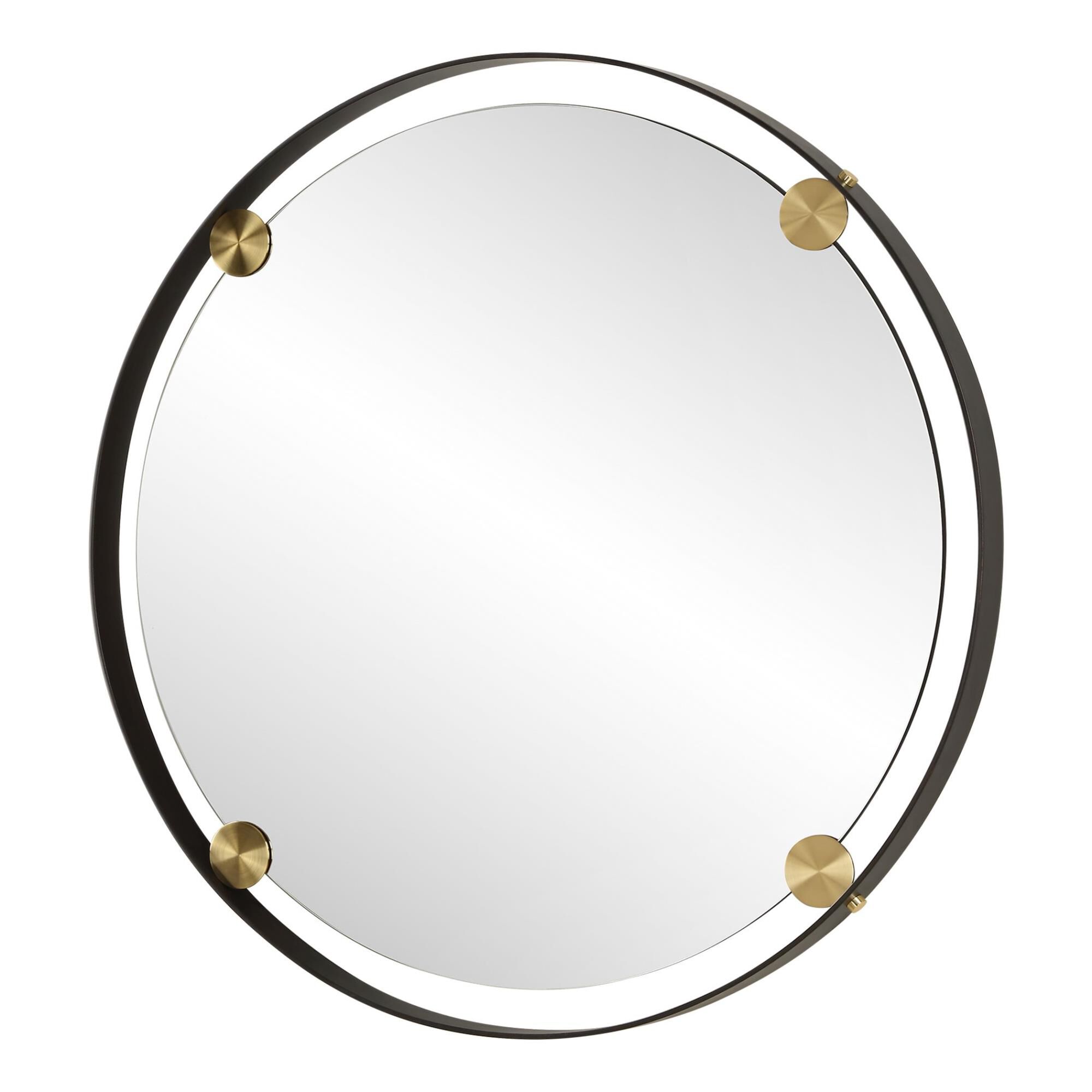 Shown in This Round Mirror Features A Hefty Dark Bronze Iron Frame That Exudes Contemporary Charm, While Plat finish