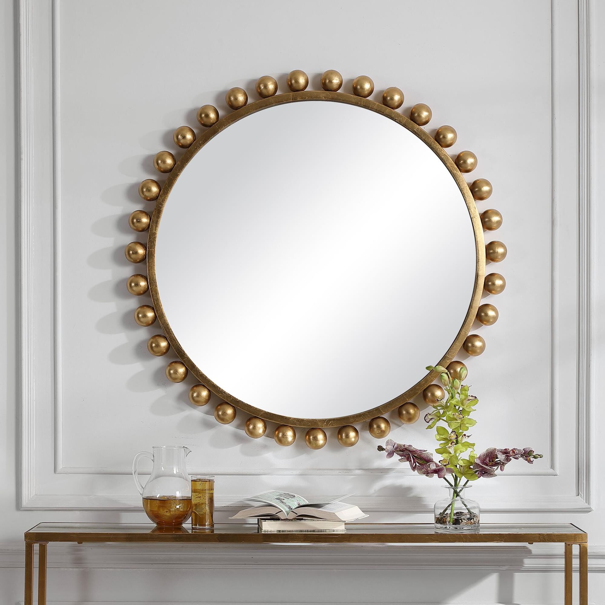 Shown in This Eye Catching Round Mirror Adds An Upscale Look And Sophisticated Style To Any Room By Showcasin finish