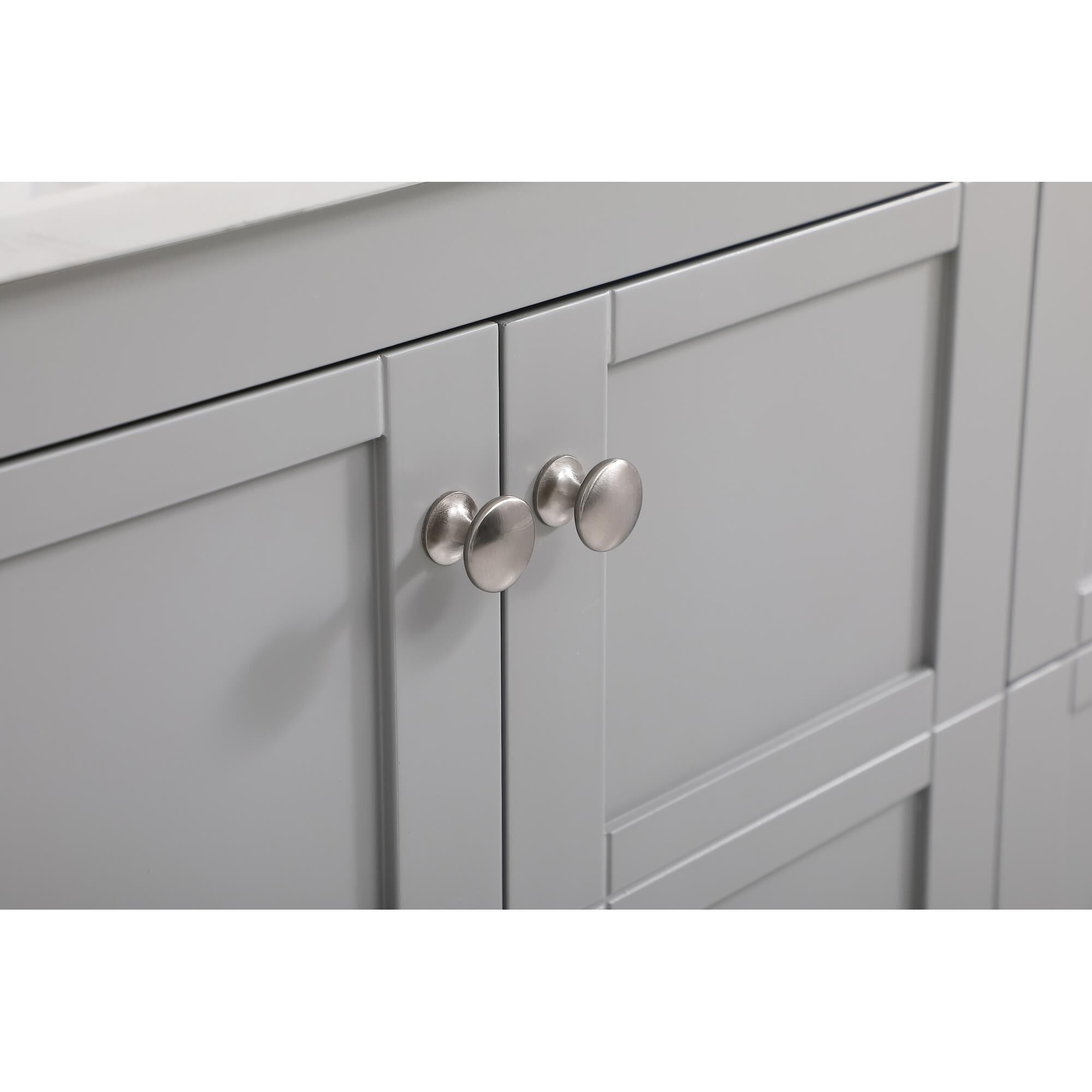 Shown in Gray And Brushed Nickel With Calacatta Quartz finish