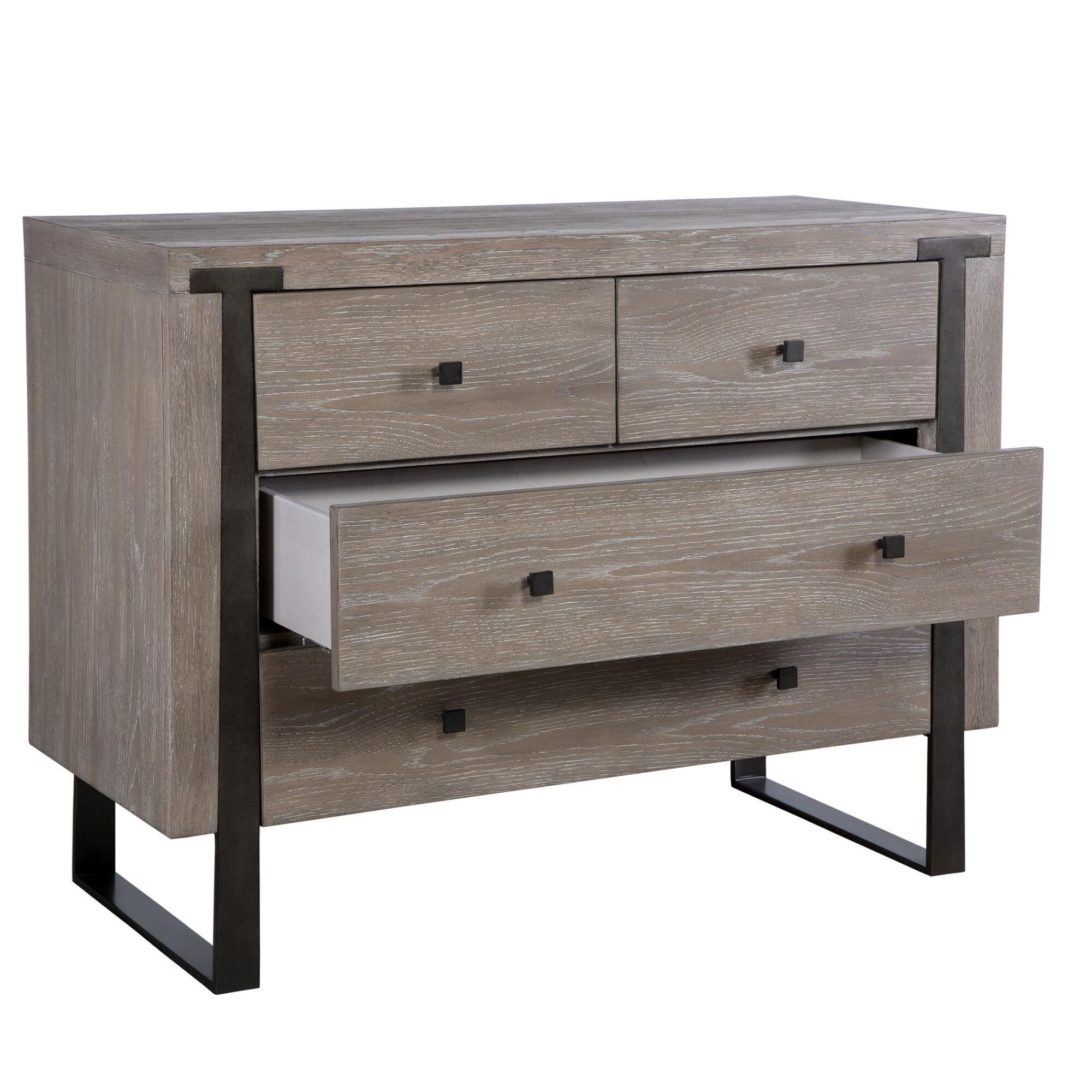 Shown in Contemporary In Style, This Light Oak Veneer Chest Features Dark Bronze Iron Legs That Embed Into Th finish